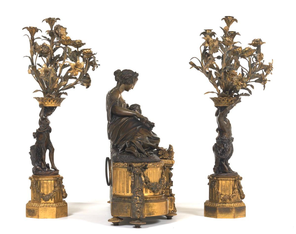 French Palace Size Raingo Freres Neoclassical Figural Mantle Clock and Candelabras