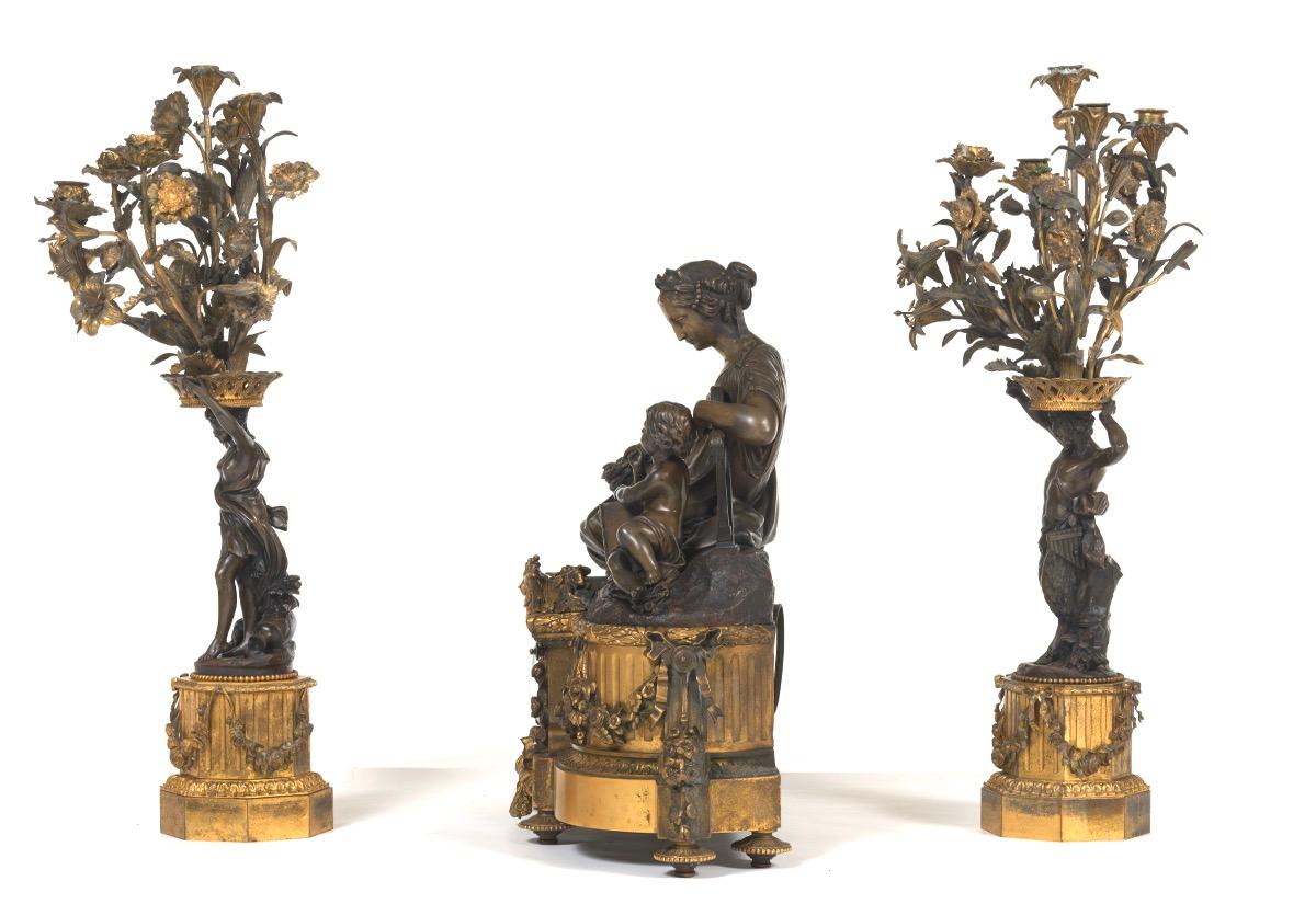 Palace Size Raingo Freres Neoclassical Figural Mantle Clock and Candelabras In Good Condition In New York, NY