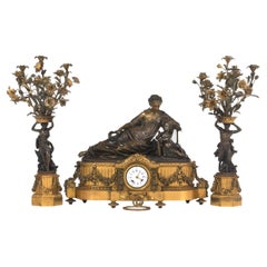 Palace Size Raingo Freres Neoclassical Figural Mantle Clock and Candelabras