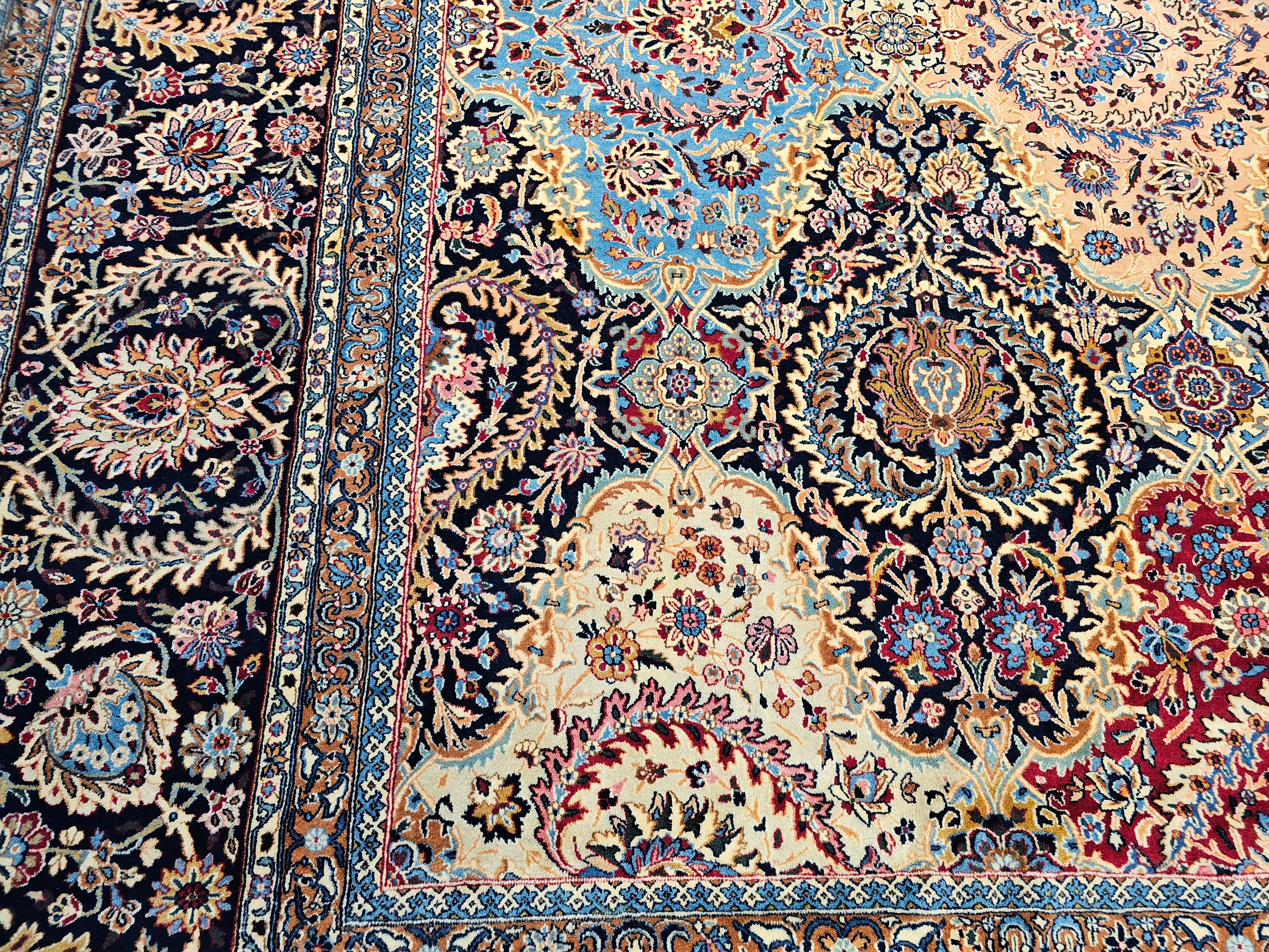 Palastgroßer persischer Kerman-Teppich im Vintage-Stil mit floralem Allover-Muster in Rot und Blau (Wolle) im Angebot