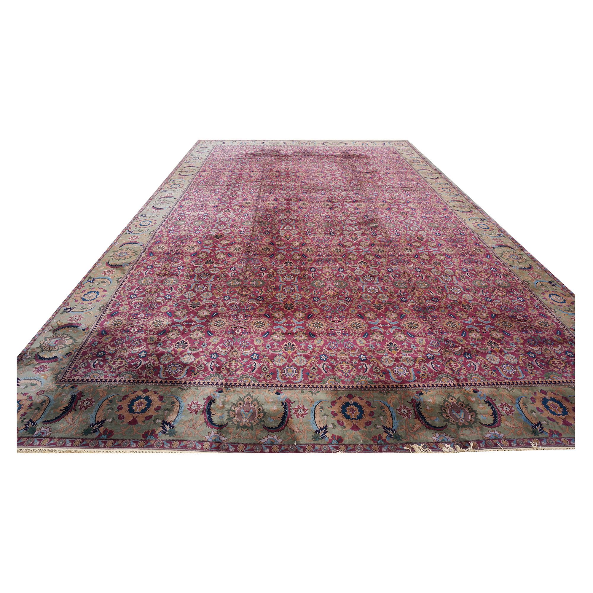 Agra Early 20th Century 26'X42' Palace Sized Antique Laristan Wool Handmade Rug For Sale