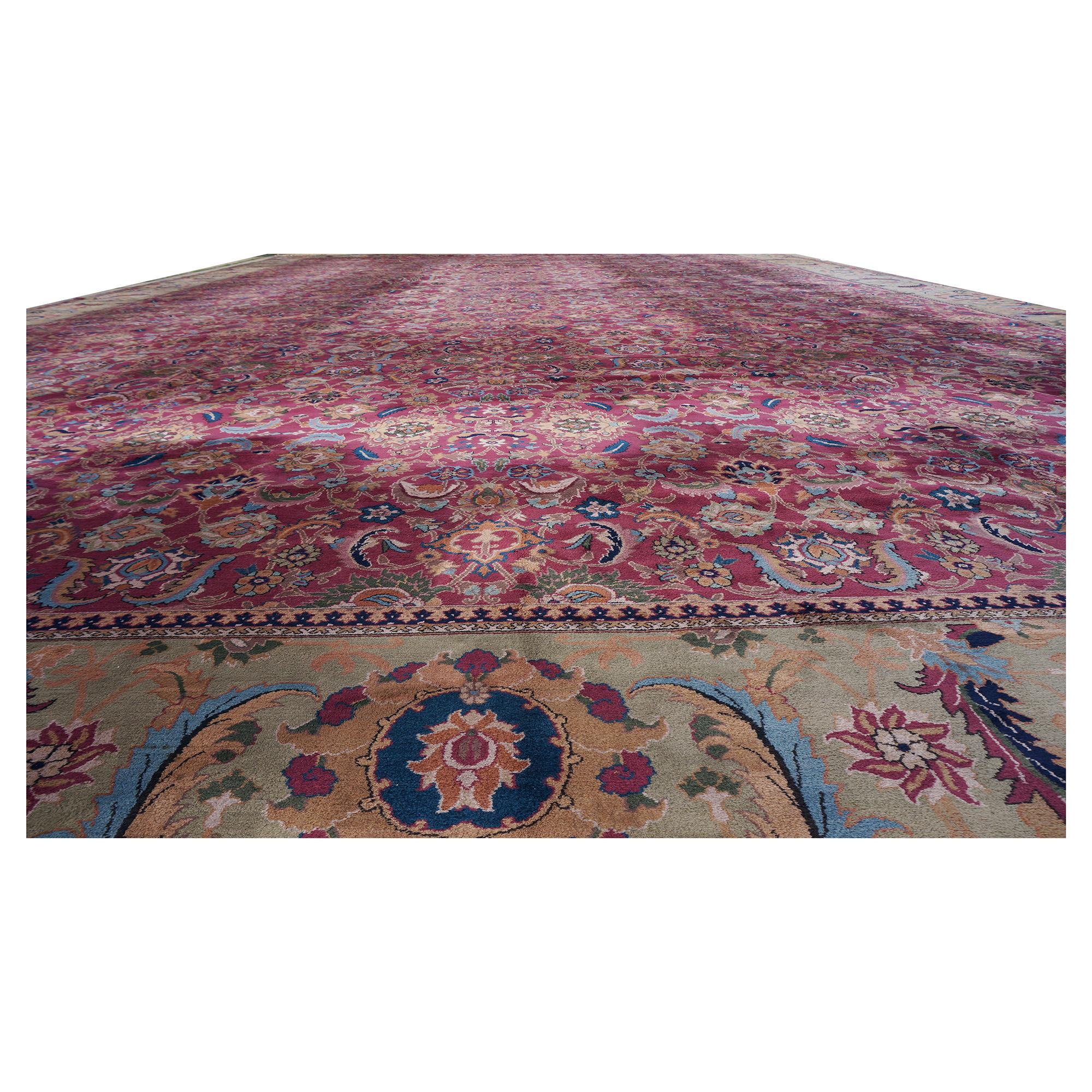 Indian Early 20th Century 26'X42' Palace Sized Antique Laristan Wool Handmade Rug For Sale