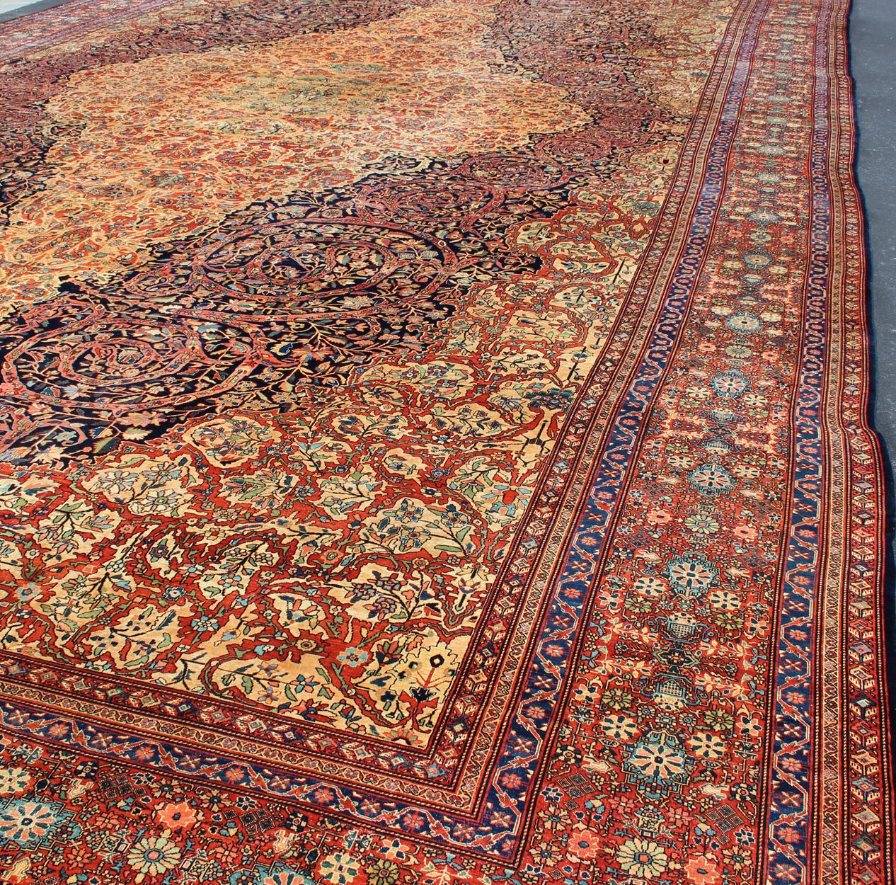 Wool Palace-Sized  Extremely Finely Woven Antique Sarouk-Farahan Persian Rug  For Sale