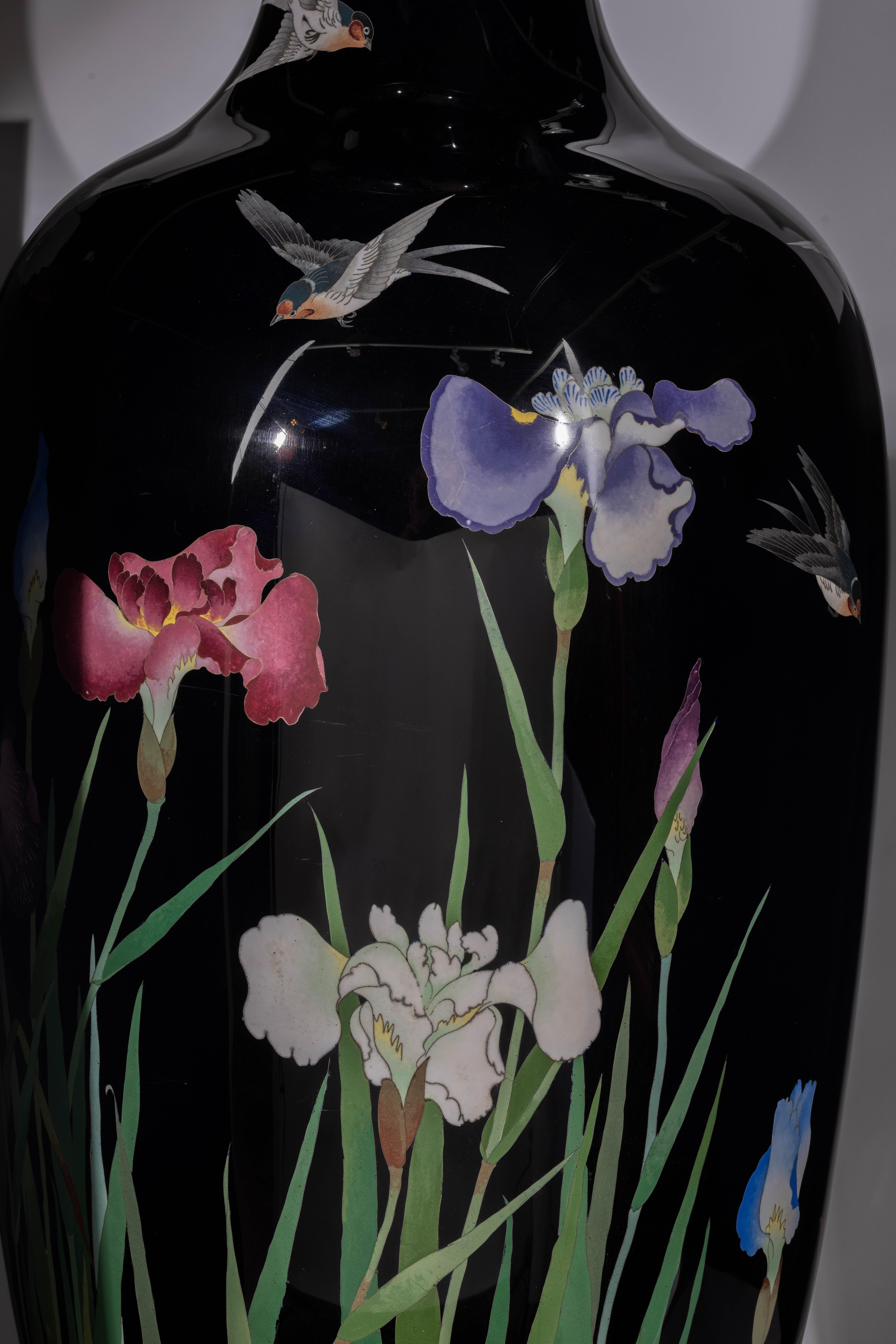 Palace-Sized Japanese Cloisonne Enamel Vase Adorned with Irises and Sparrows For Sale 6