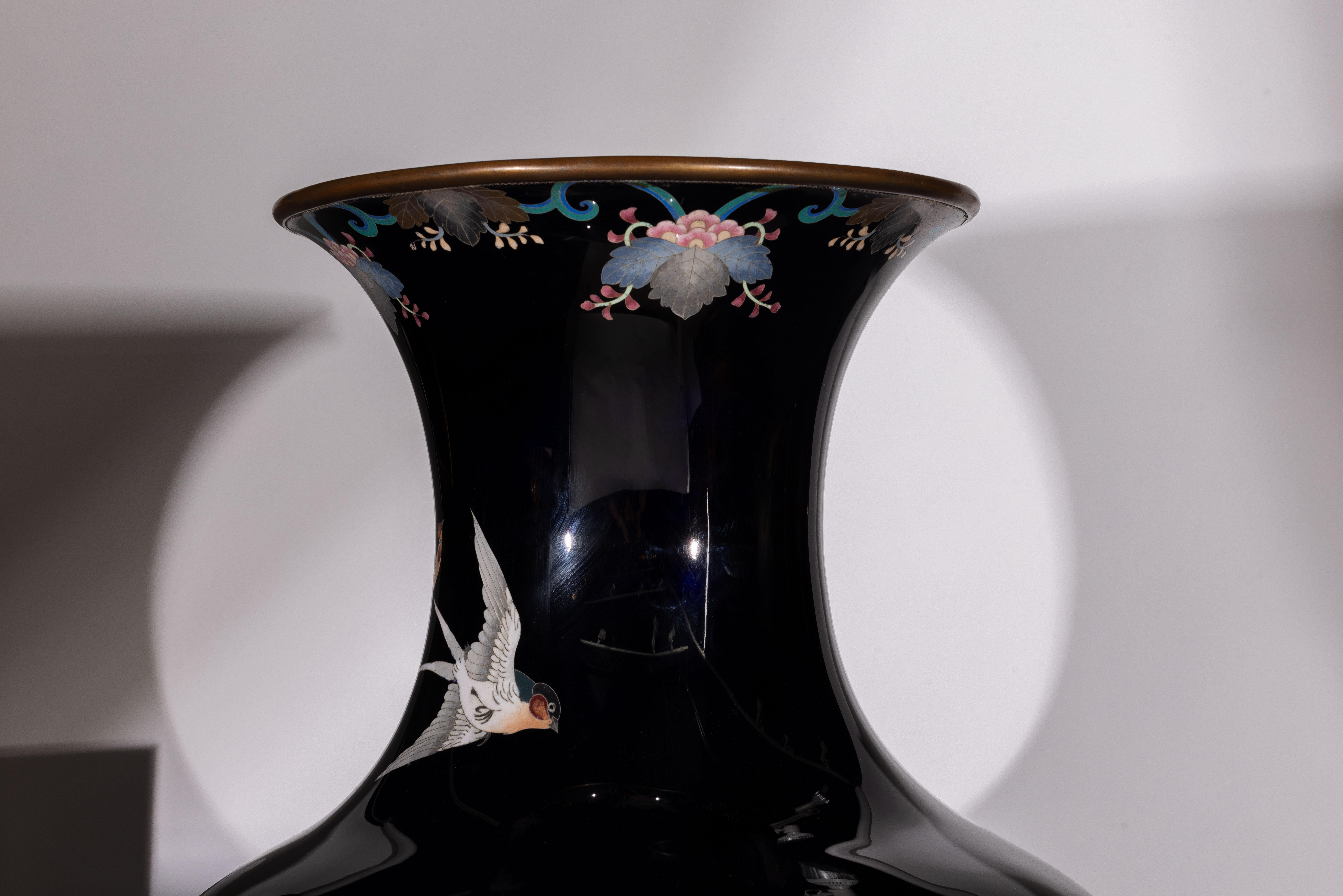 Palace-Sized Japanese Cloisonne Enamel Vase Adorned with Irises and Sparrows For Sale 7
