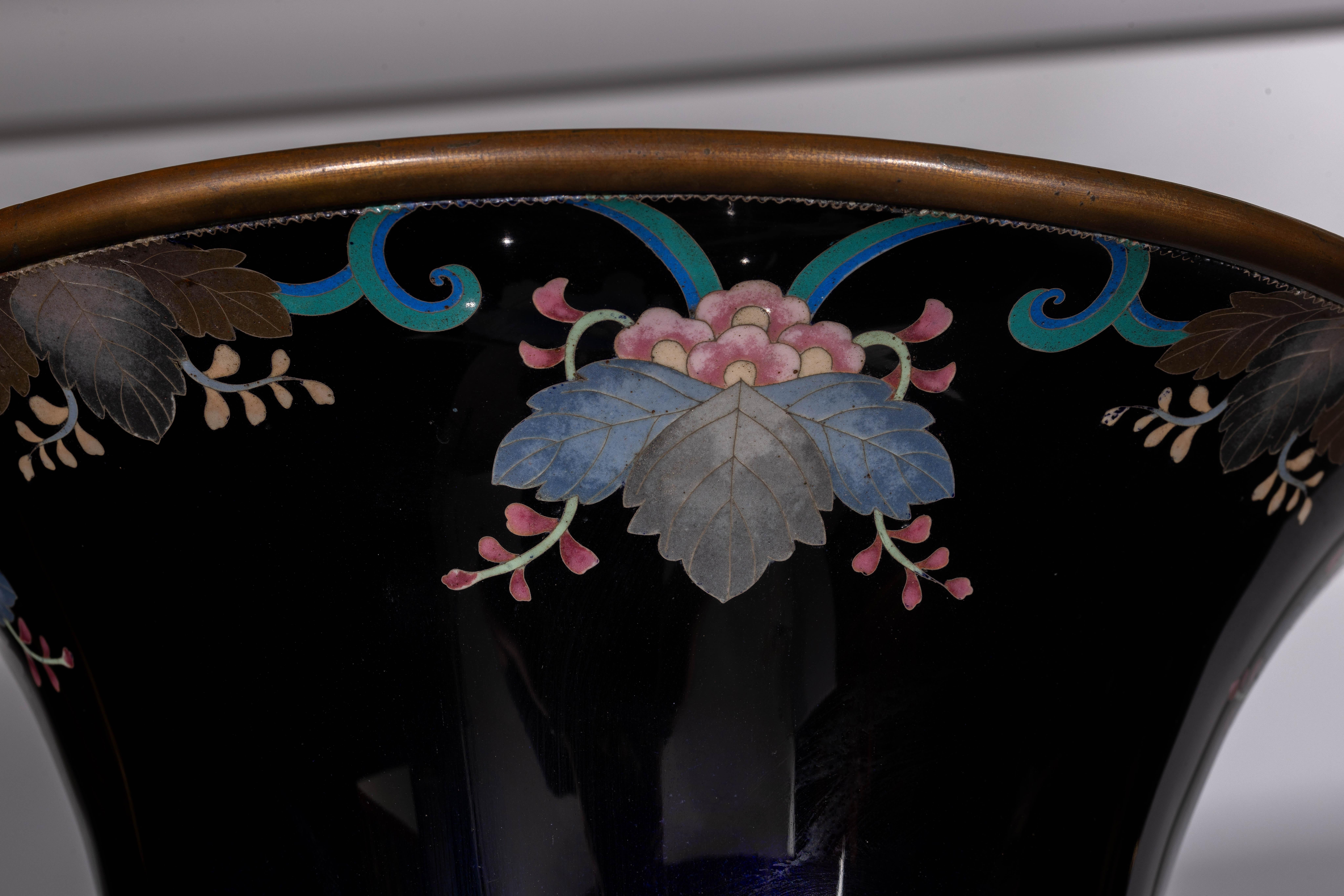 Palace-Sized Japanese Cloisonne Enamel Vase Adorned with Irises and Sparrows For Sale 10