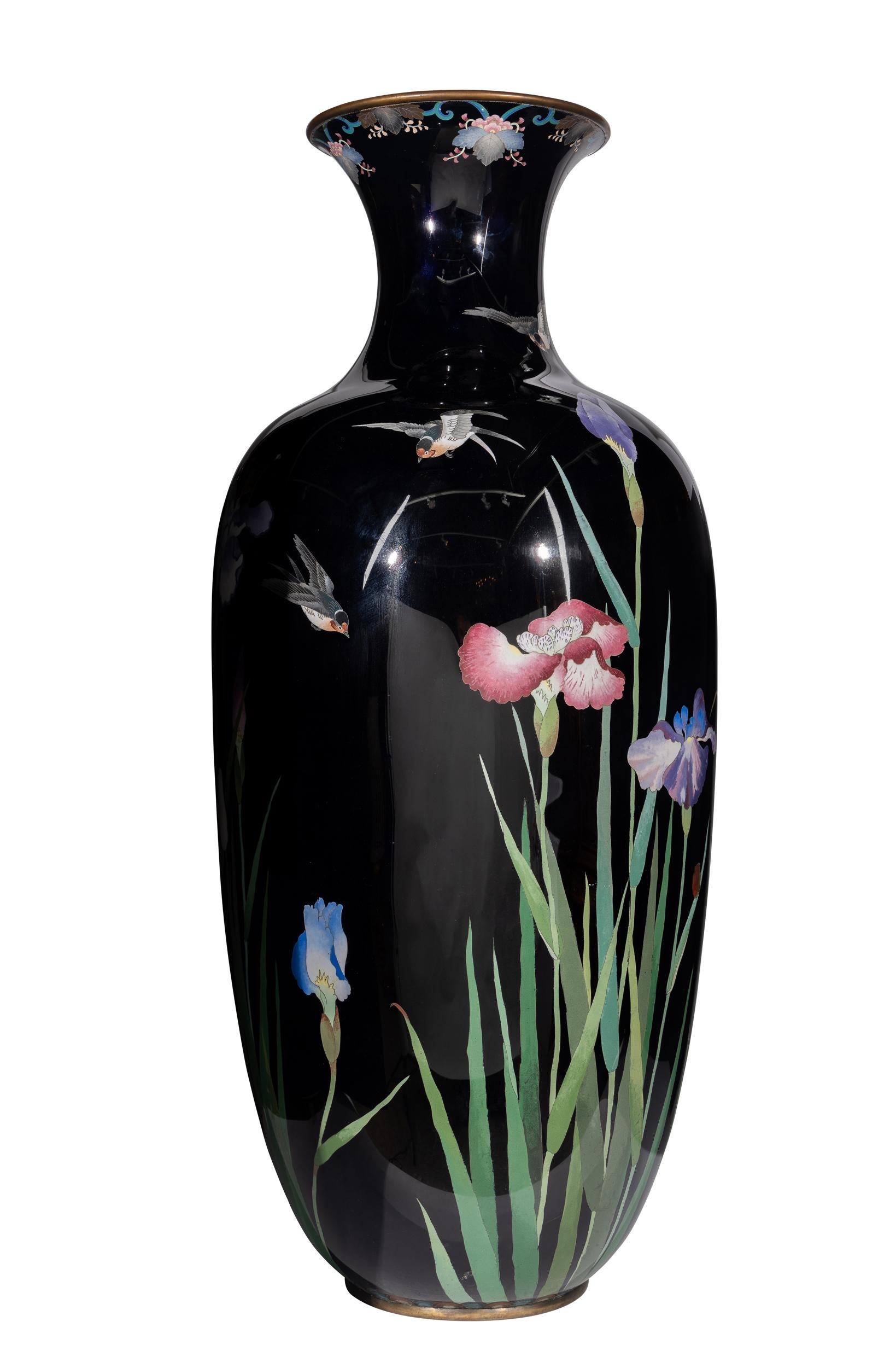 Meiji Palace-Sized Japanese Cloisonne Enamel Vase Adorned with Irises and Sparrows For Sale