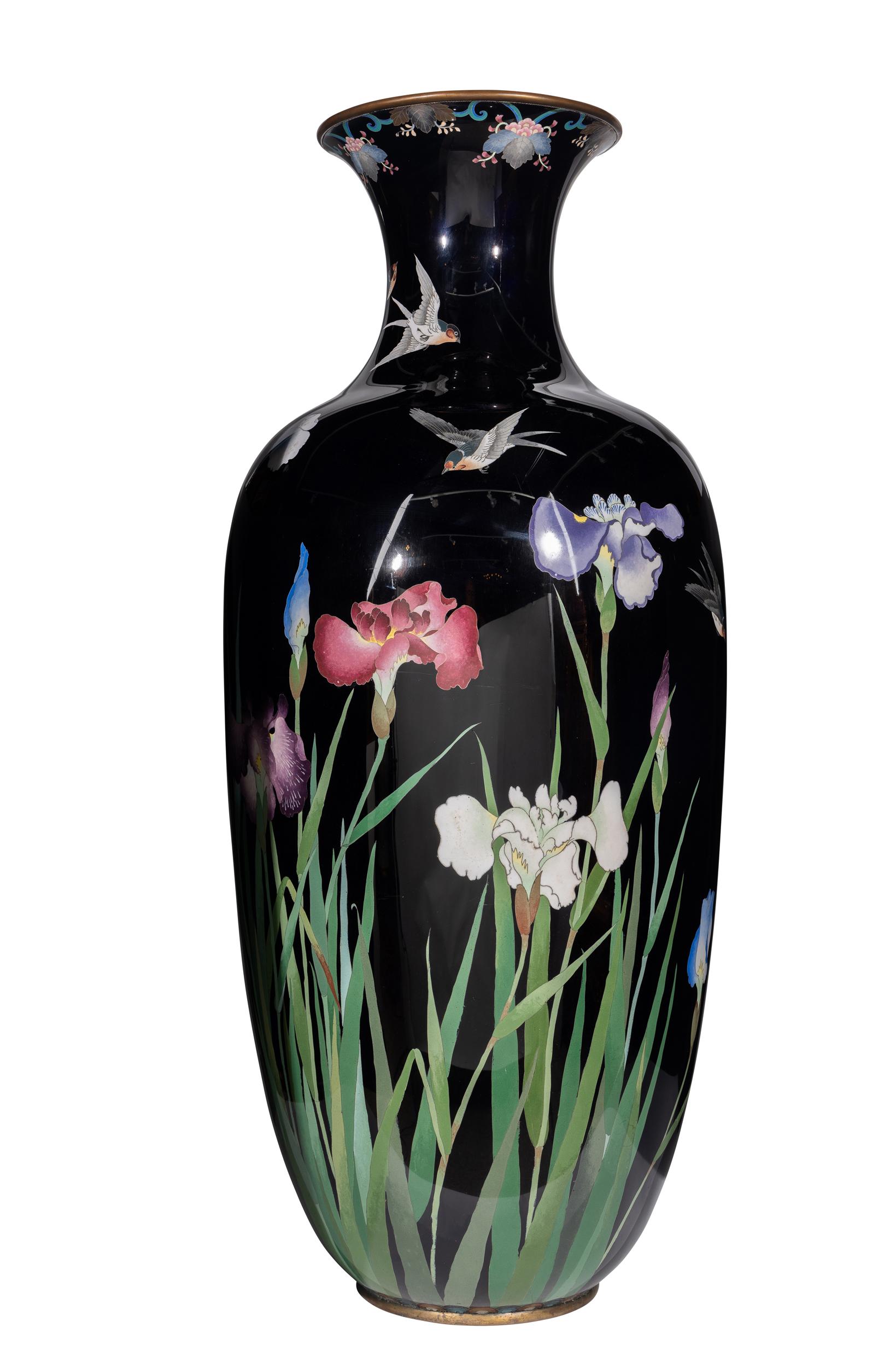 Palace-Sized Japanese Cloisonne Enamel Vase Adorned with Irises and Sparrows In Good Condition For Sale In New York, NY