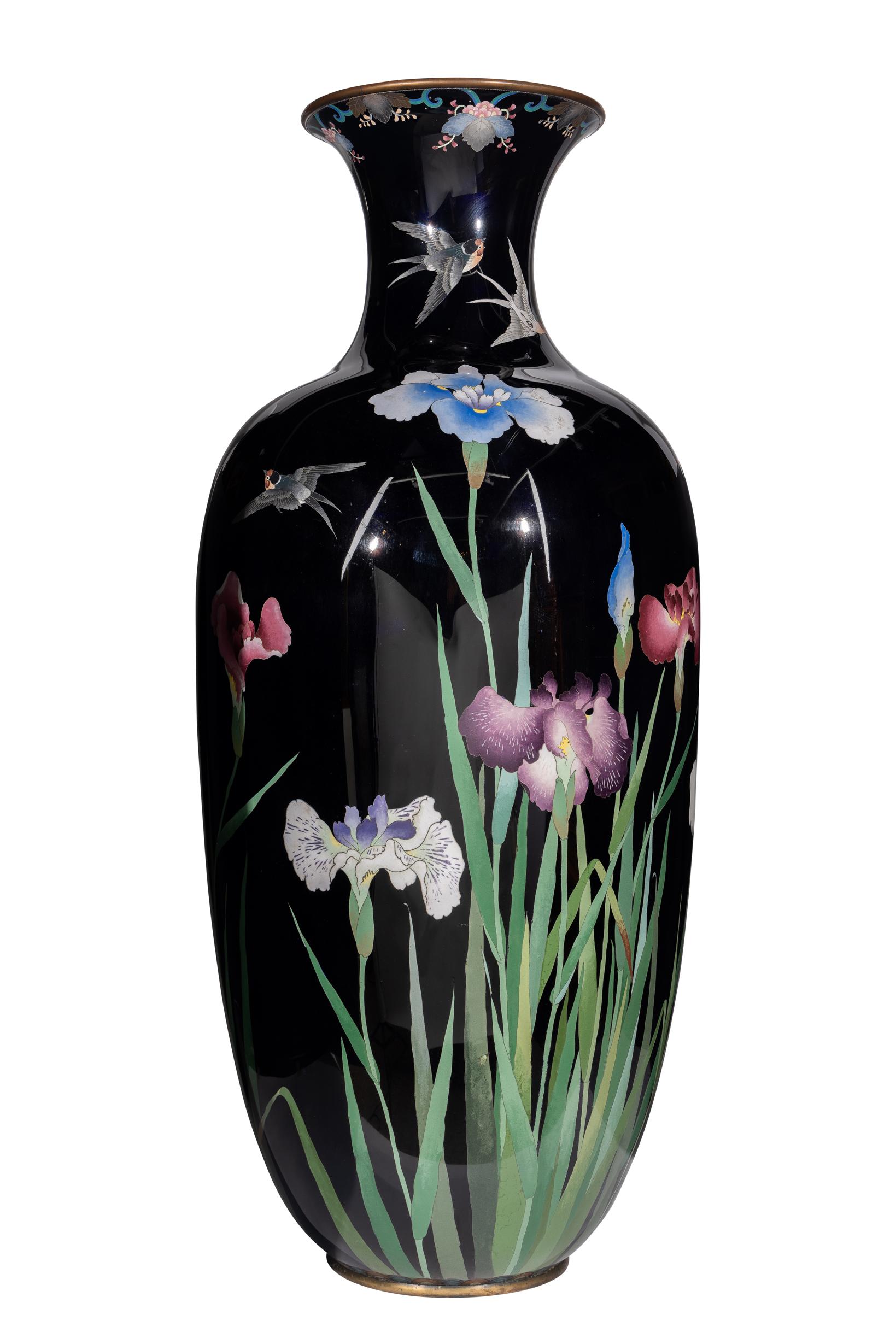 19th Century Palace-Sized Japanese Cloisonne Enamel Vase Adorned with Irises and Sparrows For Sale
