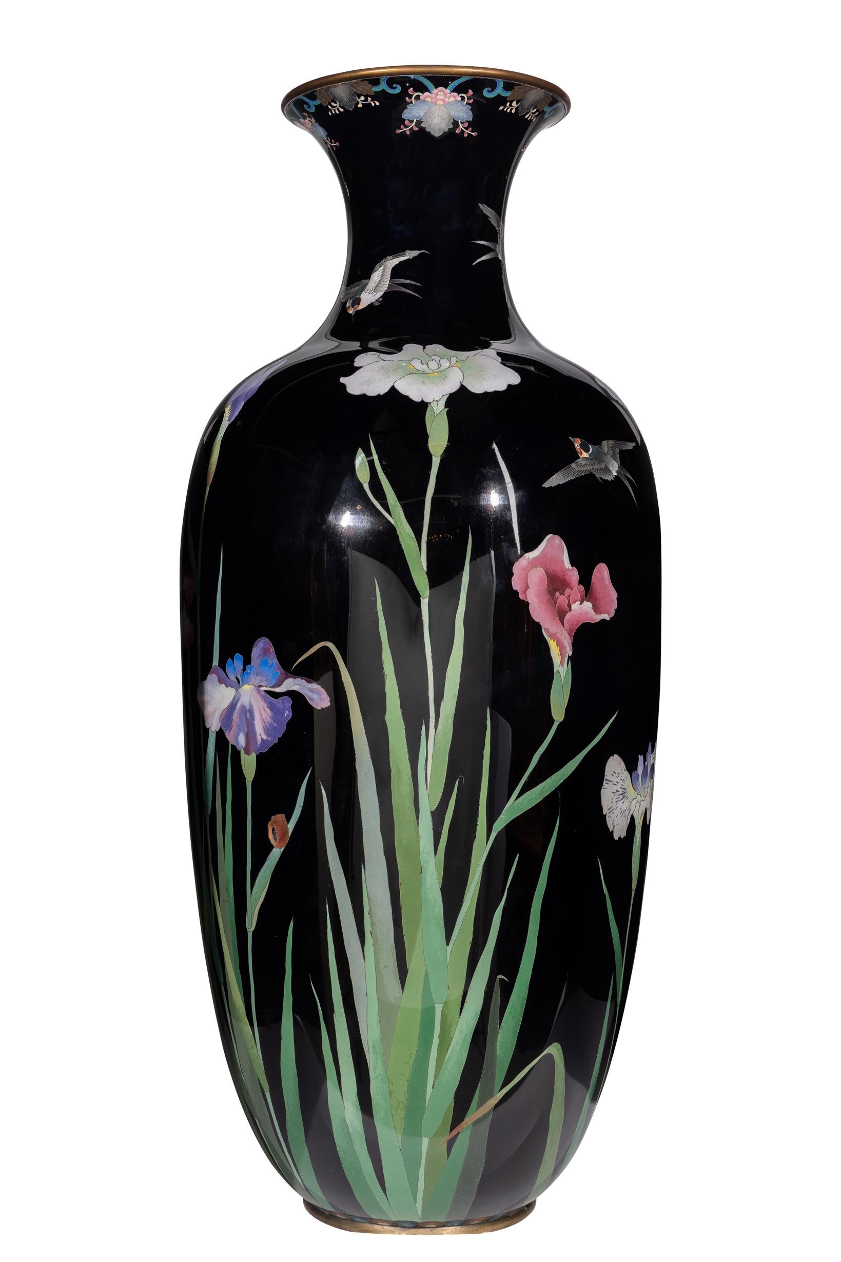 Palace-Sized Japanese Cloisonne Enamel Vase Adorned with Irises and Sparrows For Sale 1