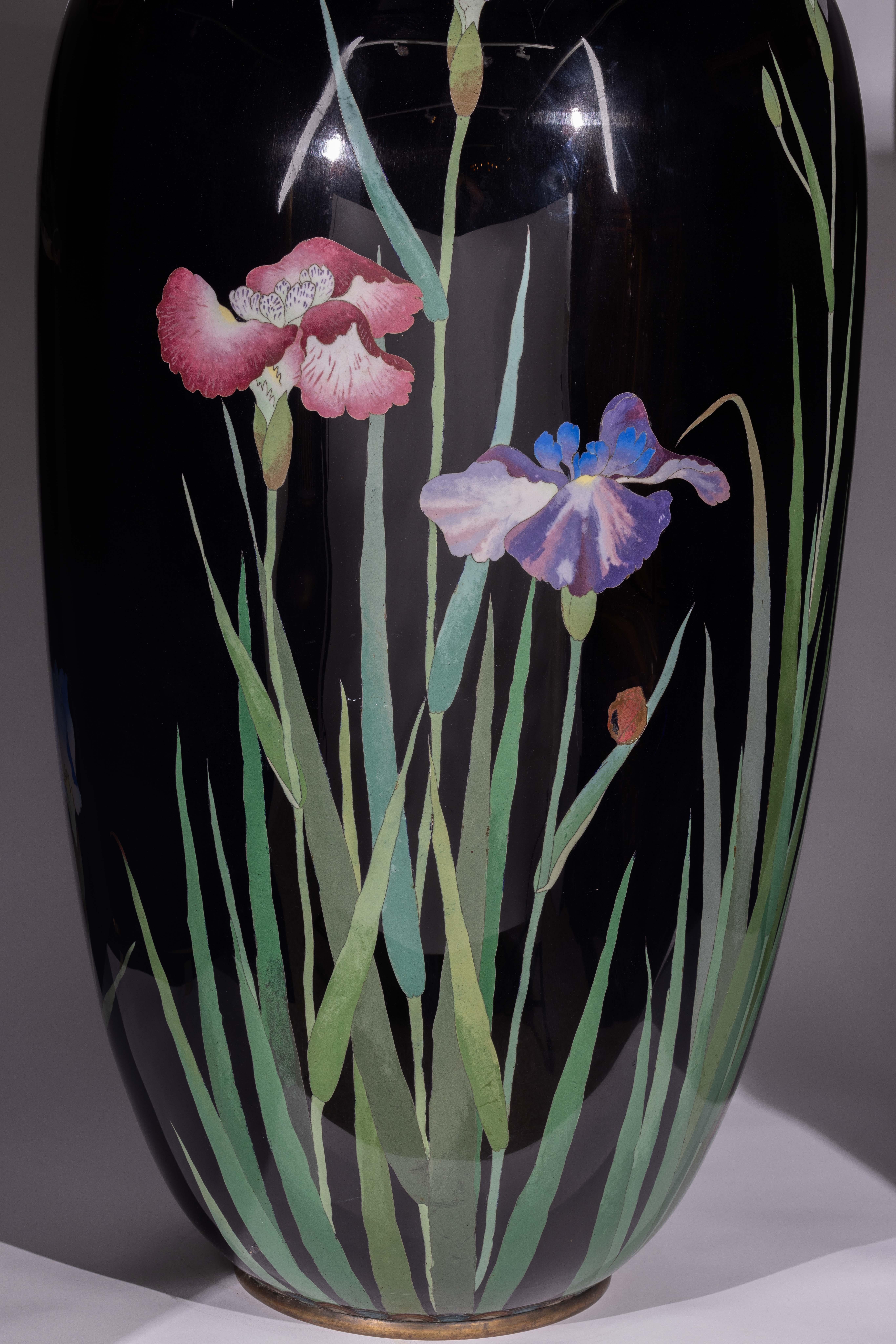 Palace-Sized Japanese Cloisonne Enamel Vase Adorned with Irises and Sparrows For Sale 3
