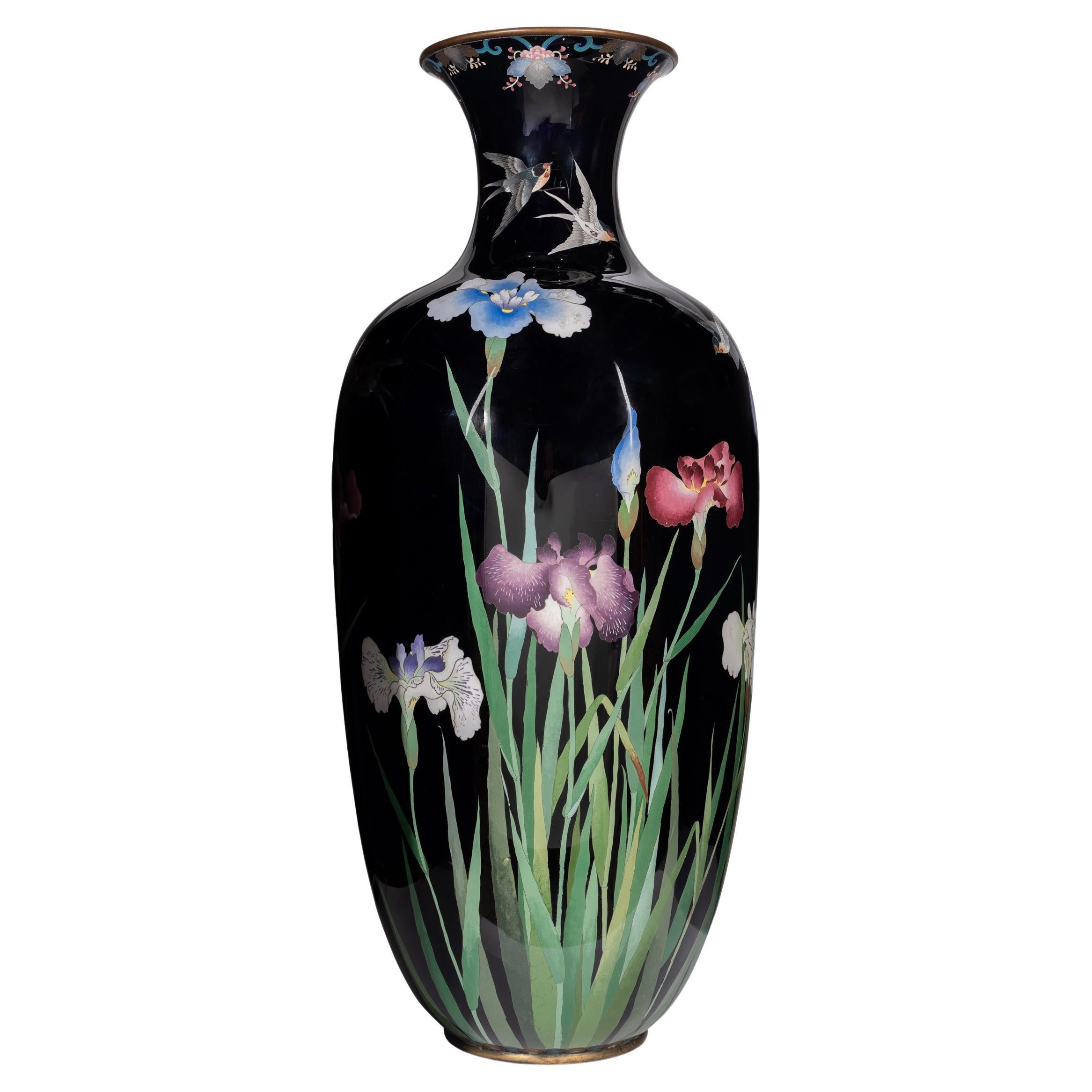 Palace-Sized Japanese Cloisonne Enamel Vase Adorned with Irises and Sparrows For Sale