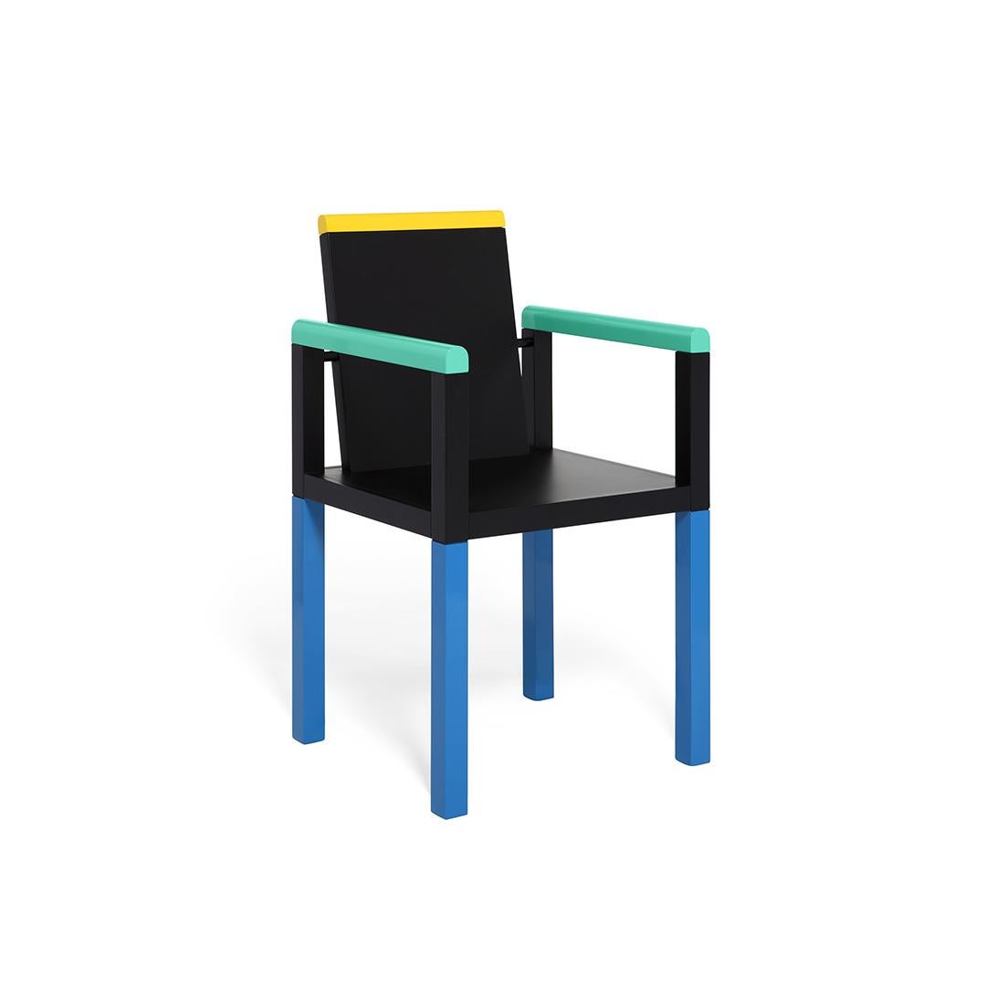 Palace chair in colored lacquered wood, designed in 1983, by George Sowden.

George Sowden was born in Leeds, UK in 1942. He studied architecture at Gloucestershire College of Art in the 1960s. He moved to Milano in 1970 where he started working