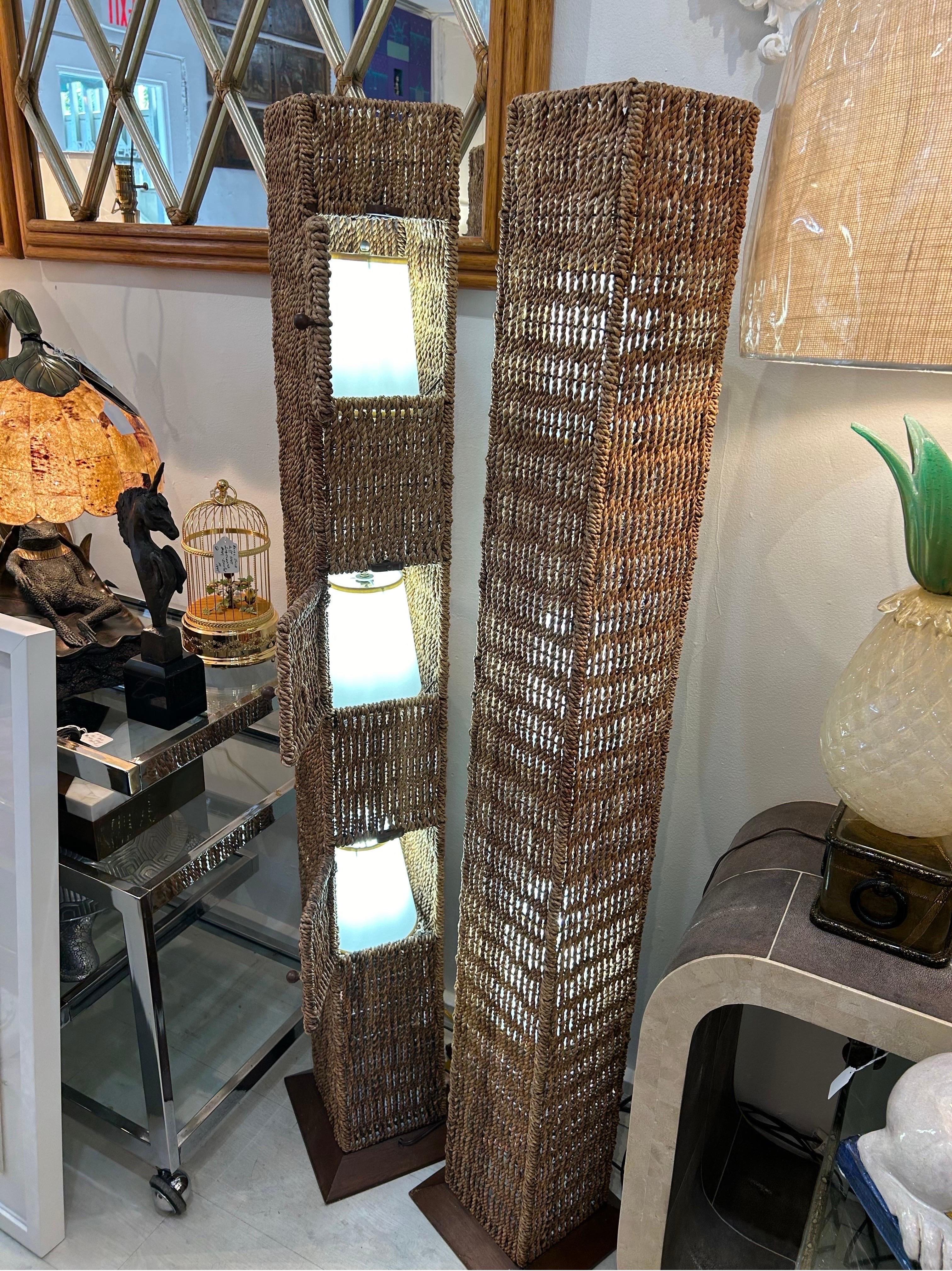 Hand-Woven Palacek floor lamps a pair For Sale