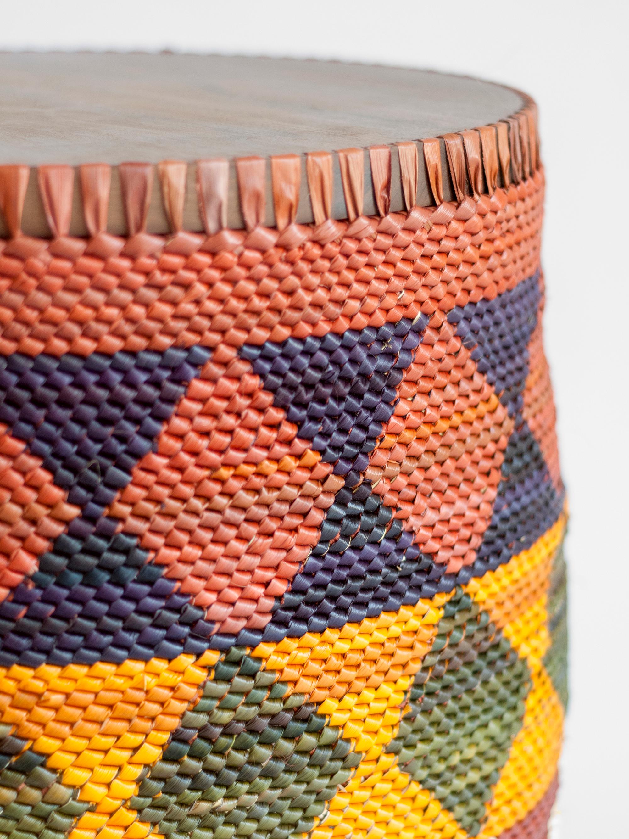 Contemporary Palafitas Stool: handcrafted in Brazil with tucumã straw and solid wood For Sale