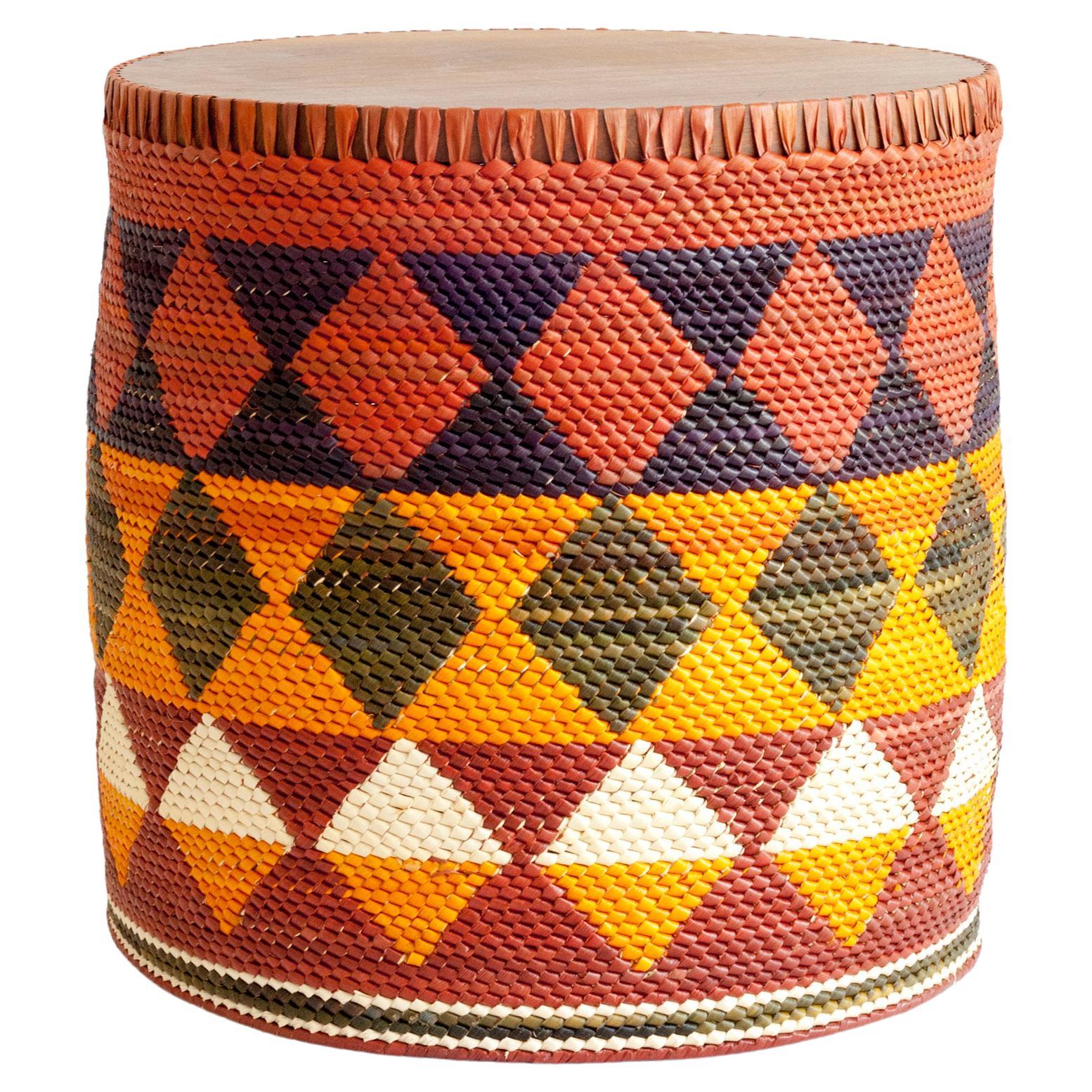 Hand-Woven Palafitas Stool: handcrafted in Brazil with tucumã straw and solid wood For Sale