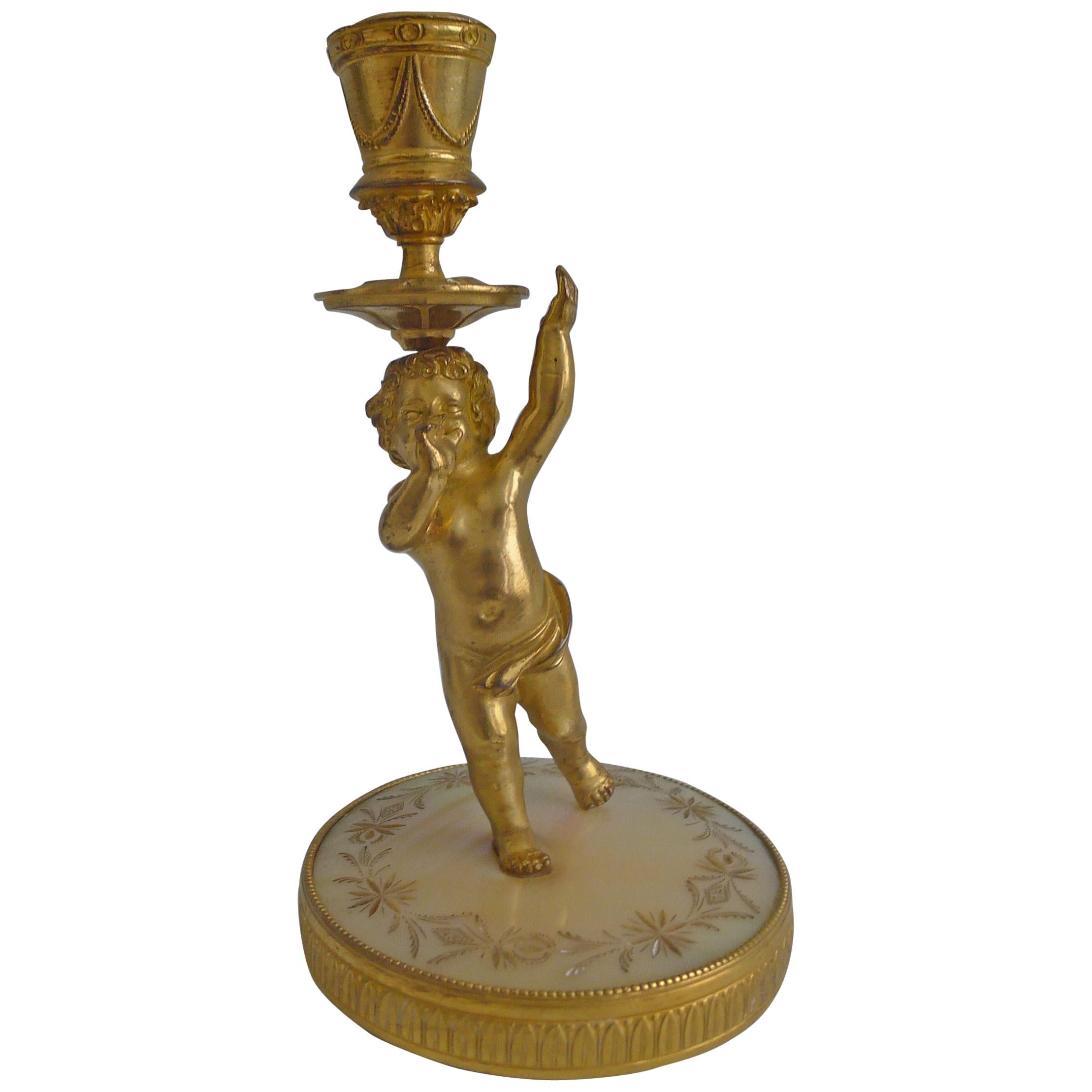 Palais Royal Engraved Mother of Pearl and Ormolu Cupid Candlestick For Sale