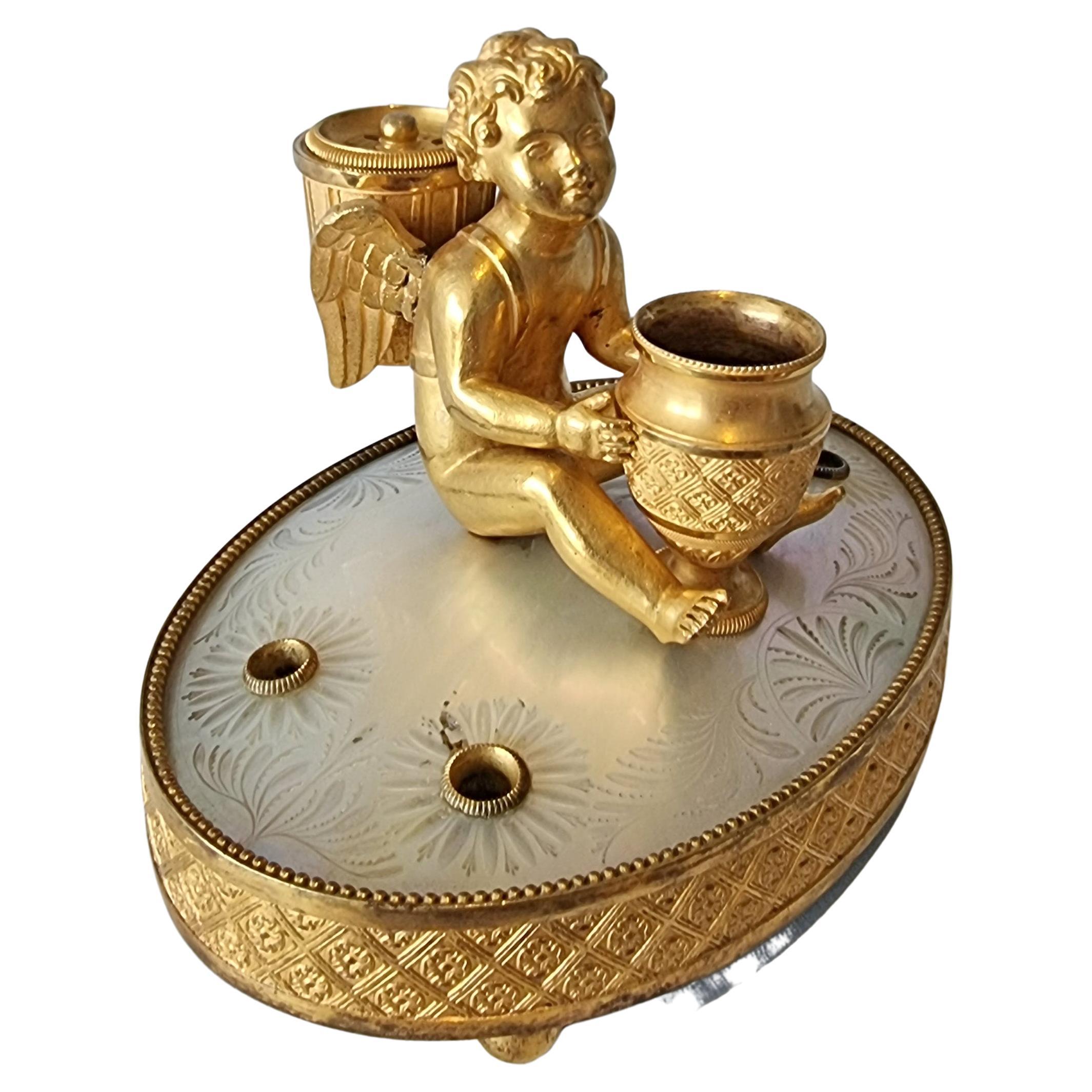 Palais Royal Engraved Mother of Pearl and Ormolu Cupid Inkwell