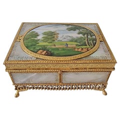 Palais Royal Mother of Pearl, Ormolu and Painted Porcelain Jewellery Box