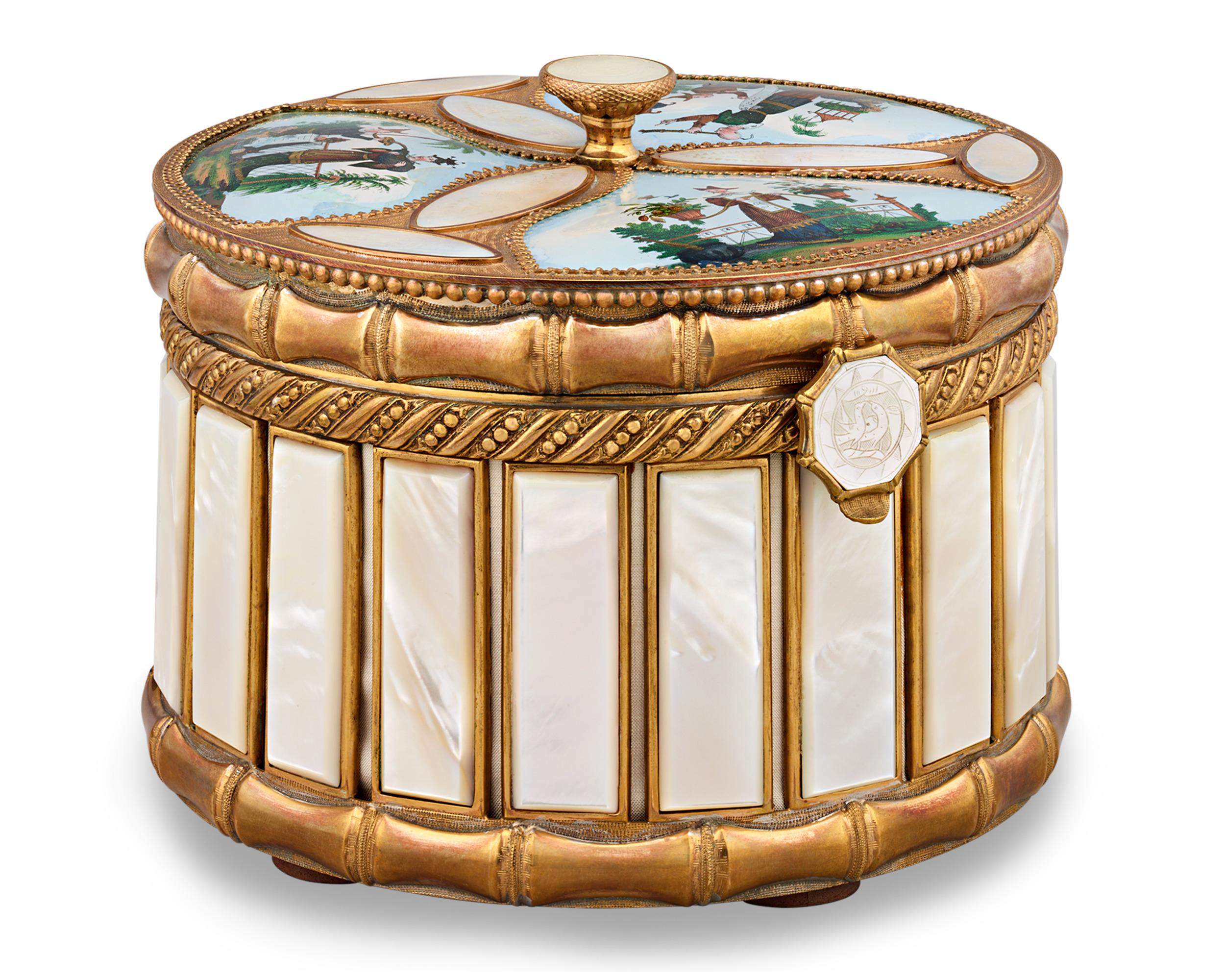 This mother-of-pearl inlay perfume box is a rare and complete treasure from the famed Palais-Royal of France’s Second Empire. The box is a work of art, meticulously fashioned to delight a regal perfume connoisseur. The lid features a medallion with