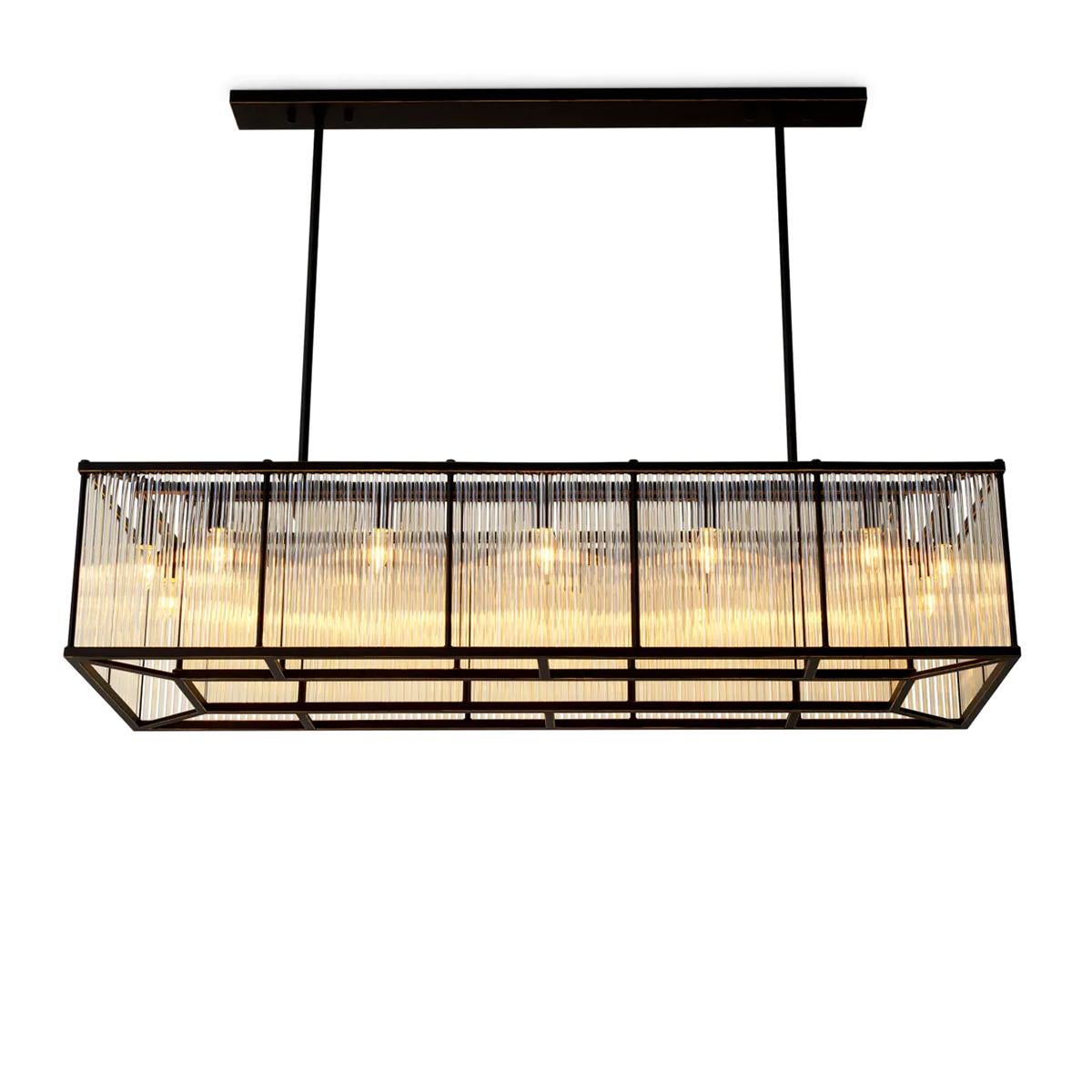 Chandelier Palaiseau Rectangular with all structure in steel
in bronze finish, with glass rods. 14 bulbs, lamp holder type 
E14, max 40 watt. 220-240 Volt. Bulbs not included. Hanging
method with 3 pipes to choose from: 30cm, 50cm or