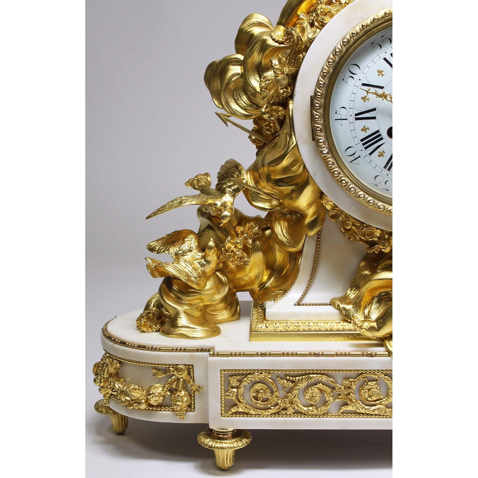 Marble Palatial 19th Century Louis XV Style Ormolu Mantel Cherub Clock Attr. Beurdeley