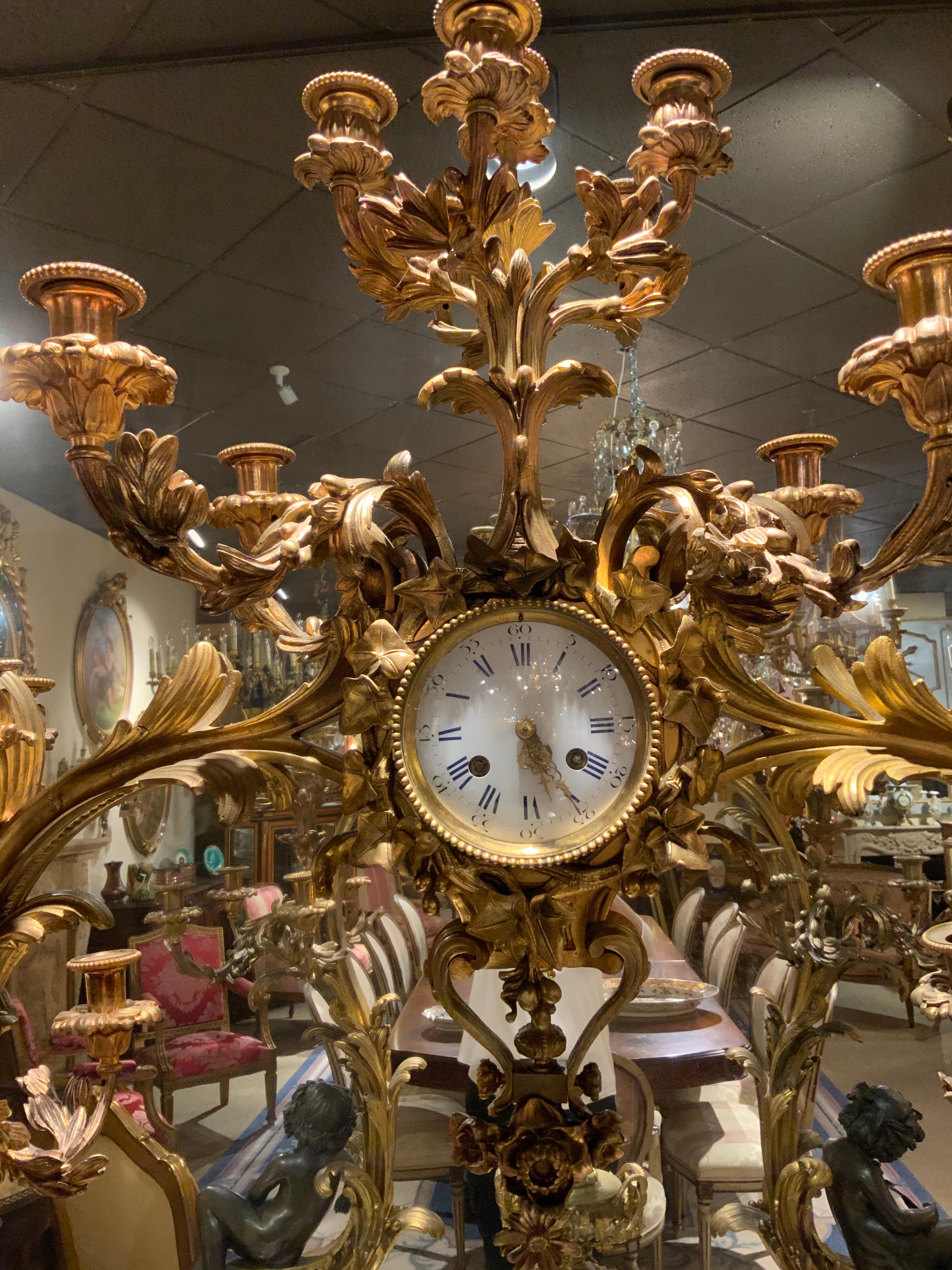 Gilt Bronze Doré and Patinated  French Clock with 26 Candelabrum with putti 10