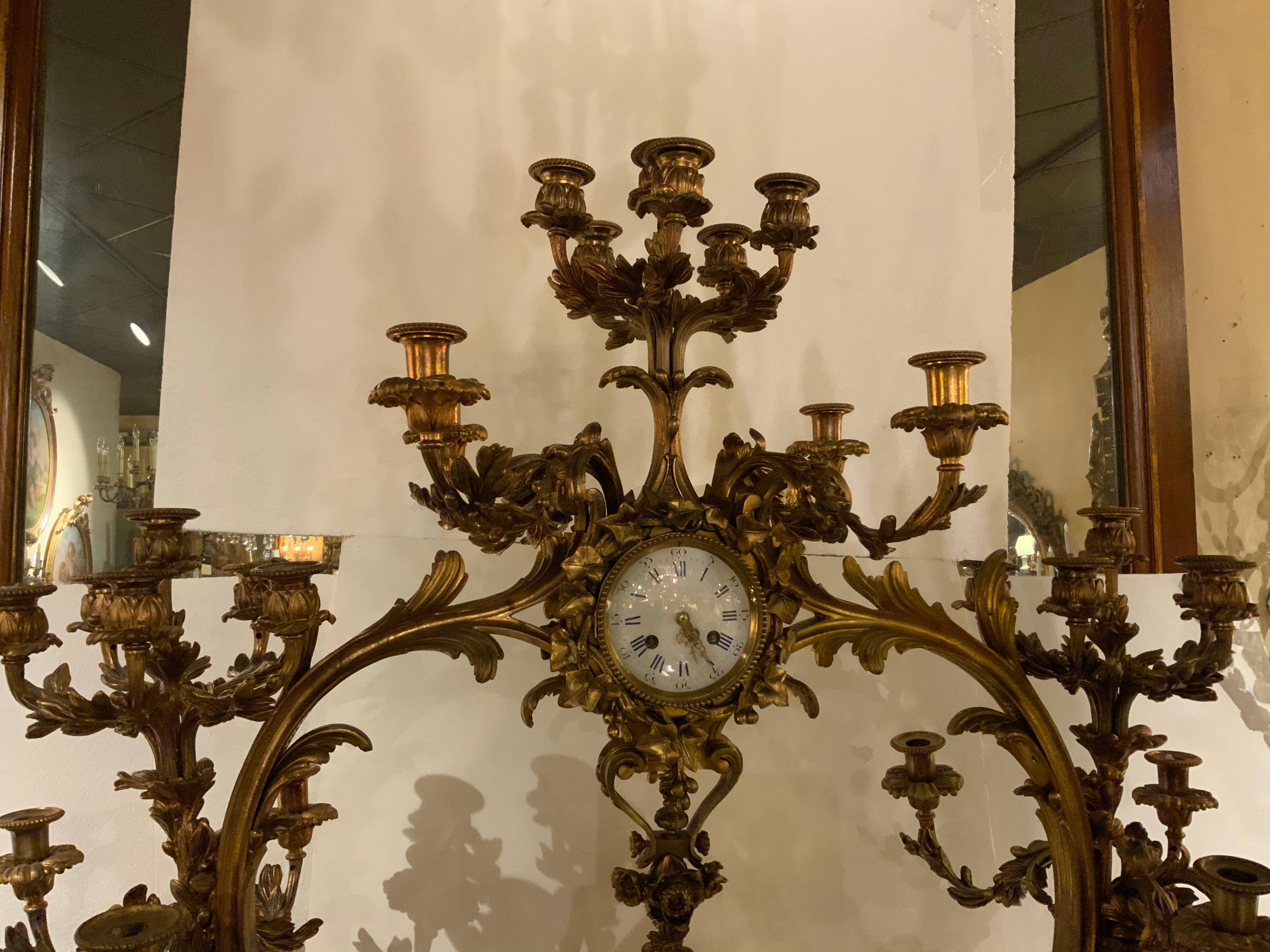 Gilt Bronze Doré and Patinated  French Clock with 26 Candelabrum with putti 7