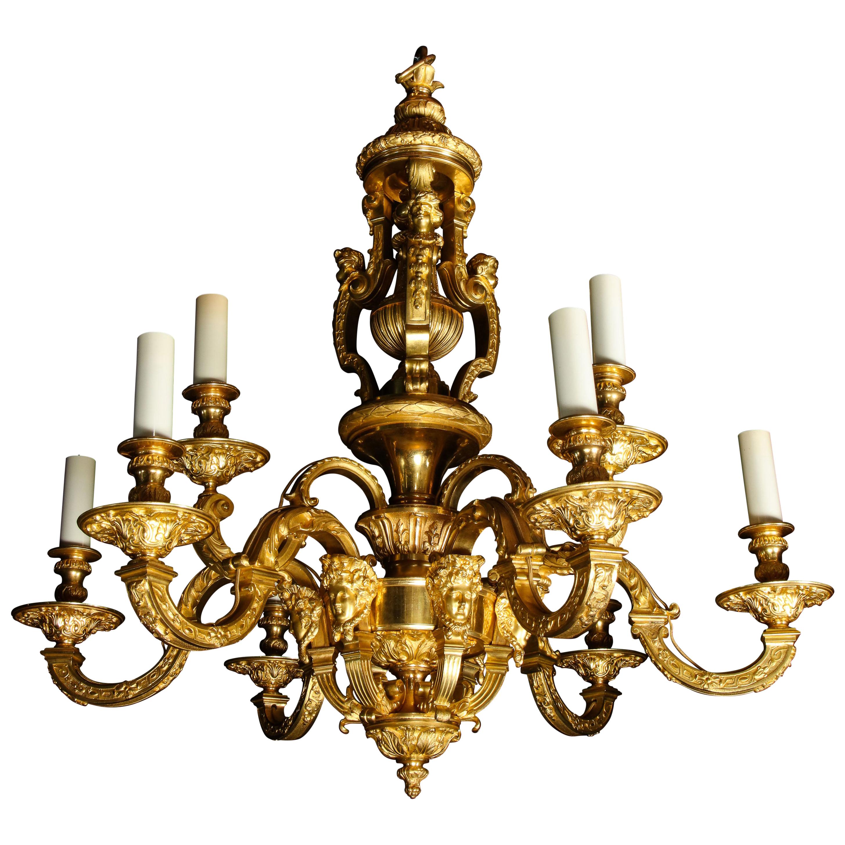 Palatial and Large Antique French Louis XVI Gilt Bronze Figural Chandelier