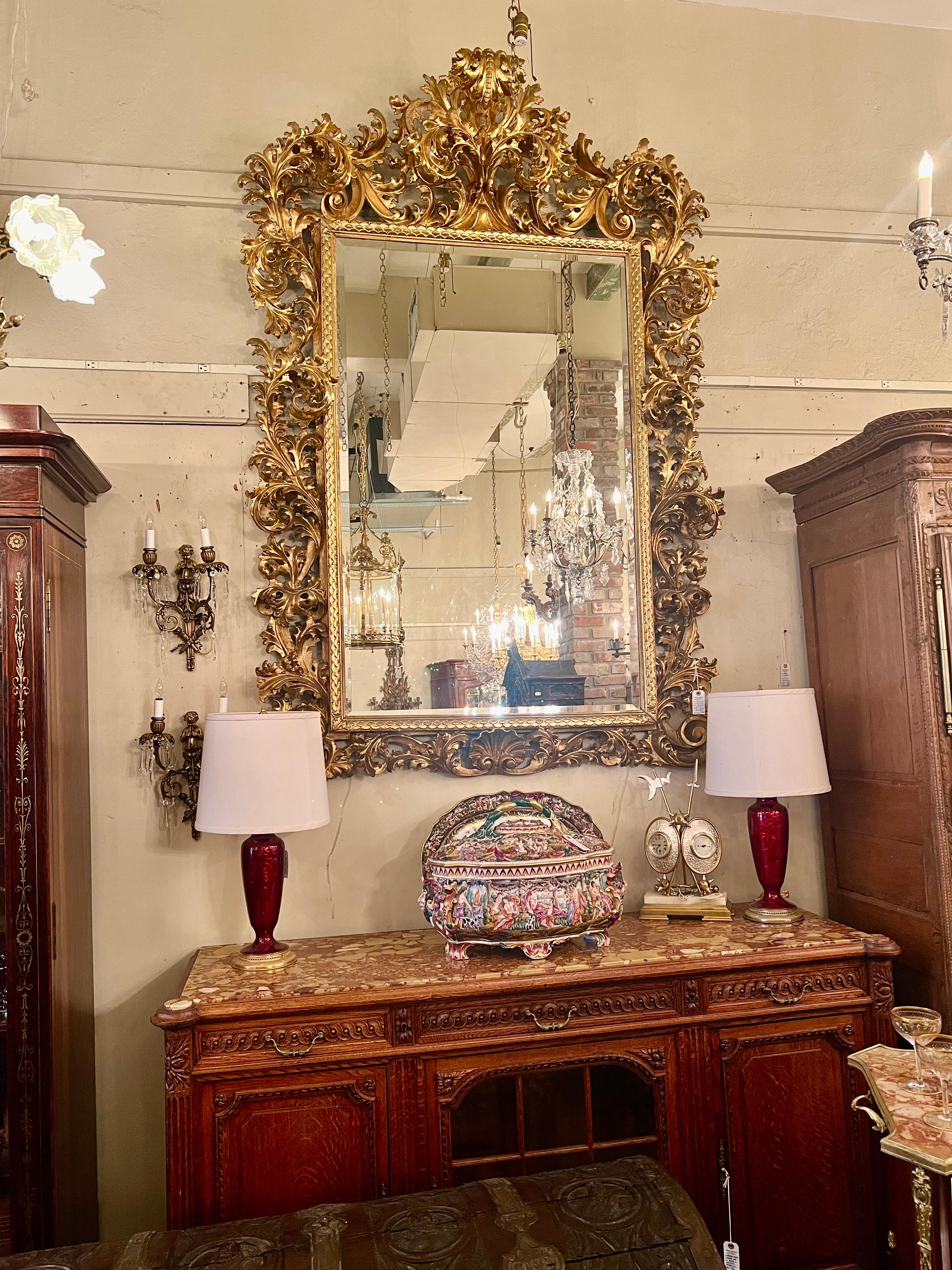 Palatial Antique 19th Century Venetian Carved Gilt Wood Framed Beveled Mirror. For Sale 2