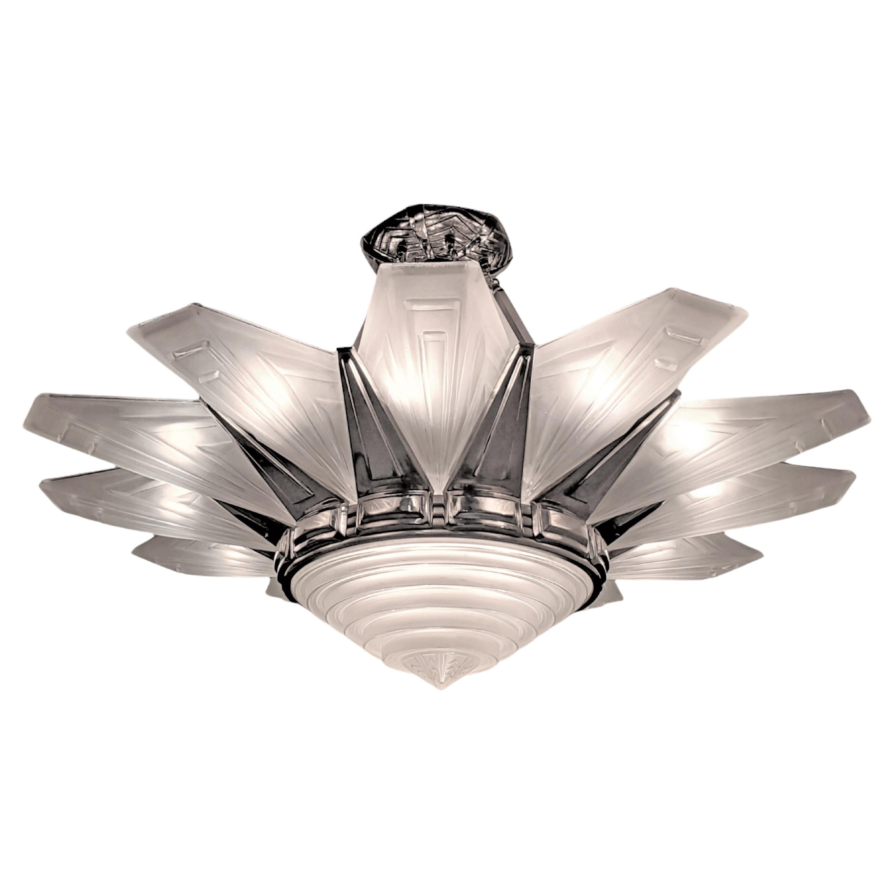 Palatial Art Deco starburst 12 panel frosted art glass and nickel chandelier 