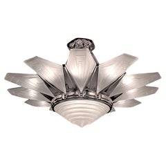 Vintage Palatial Art Deco starburst 12 panel frosted art glass and nickel chandelier 