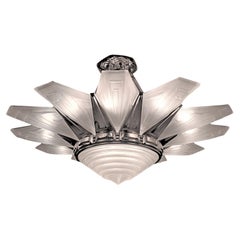 Palatial Art Deco starburst 12 panel frosted art glass and nickel chandelier 