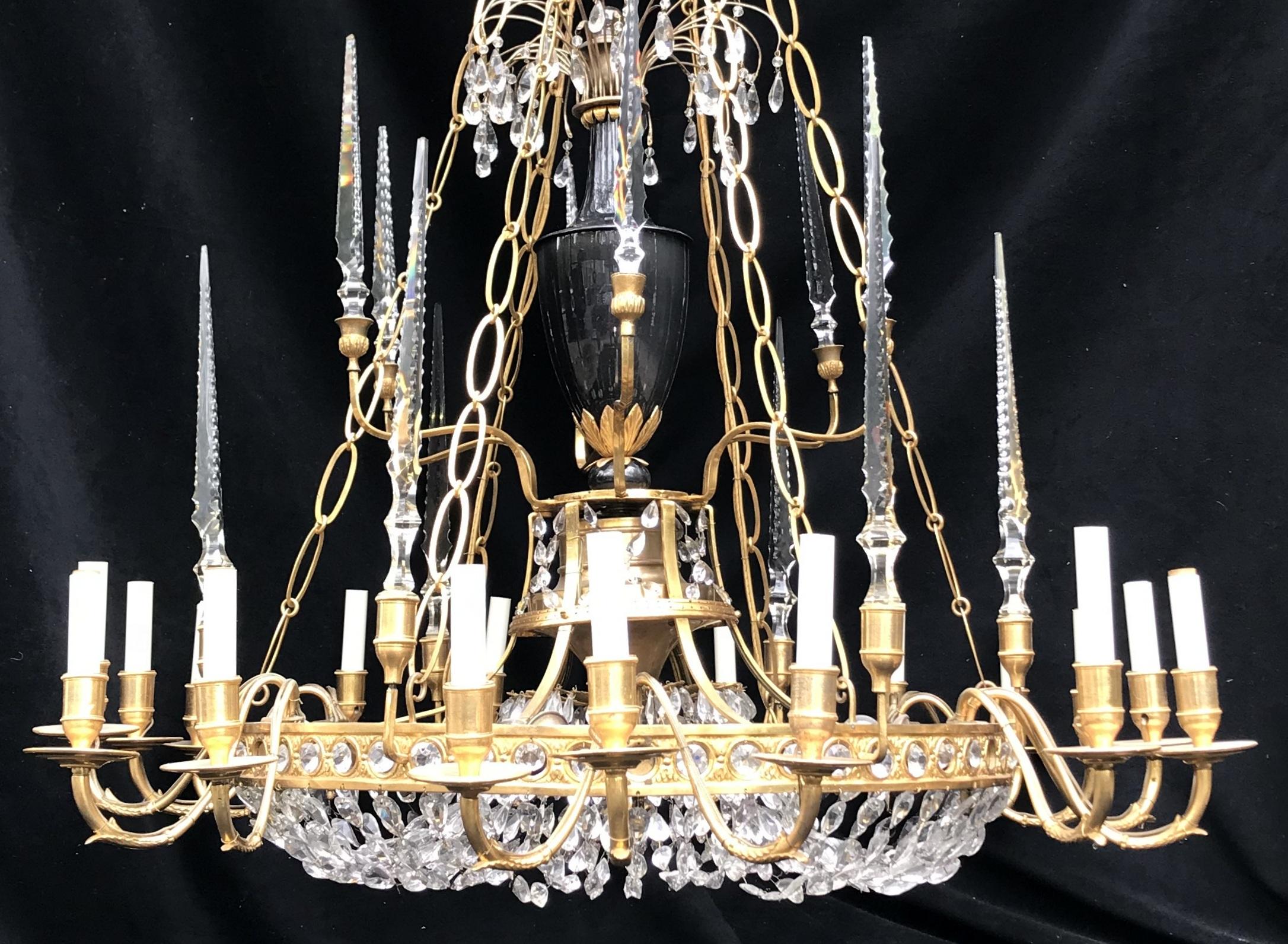 Palatial Baltic Russian Neoclassical Bronze Crystal Porcelain Urn Chandelier In Good Condition For Sale In Roslyn, NY