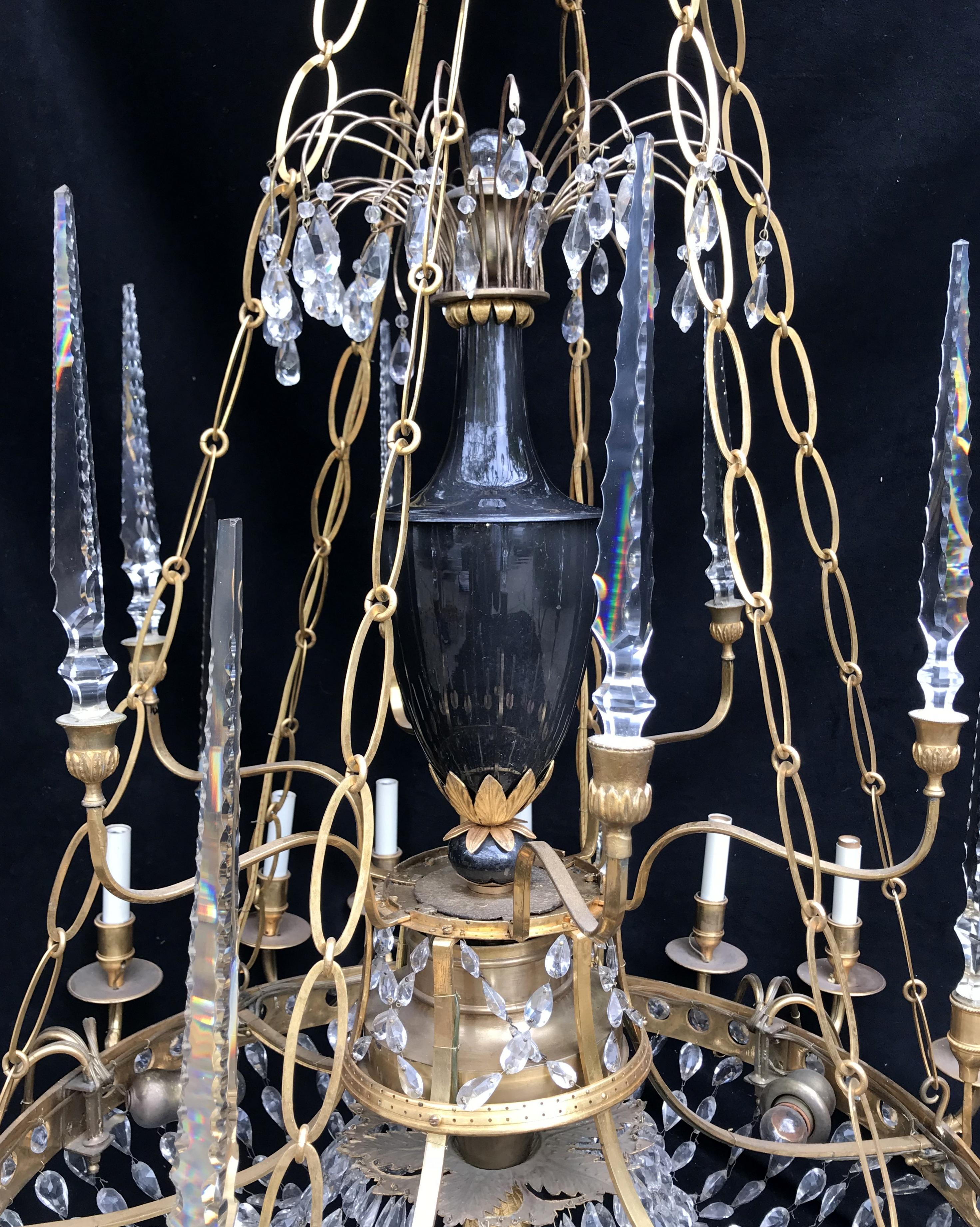Palatial Baltic Russian Neoclassical Bronze Crystal Porcelain Urn Chandelier For Sale 1