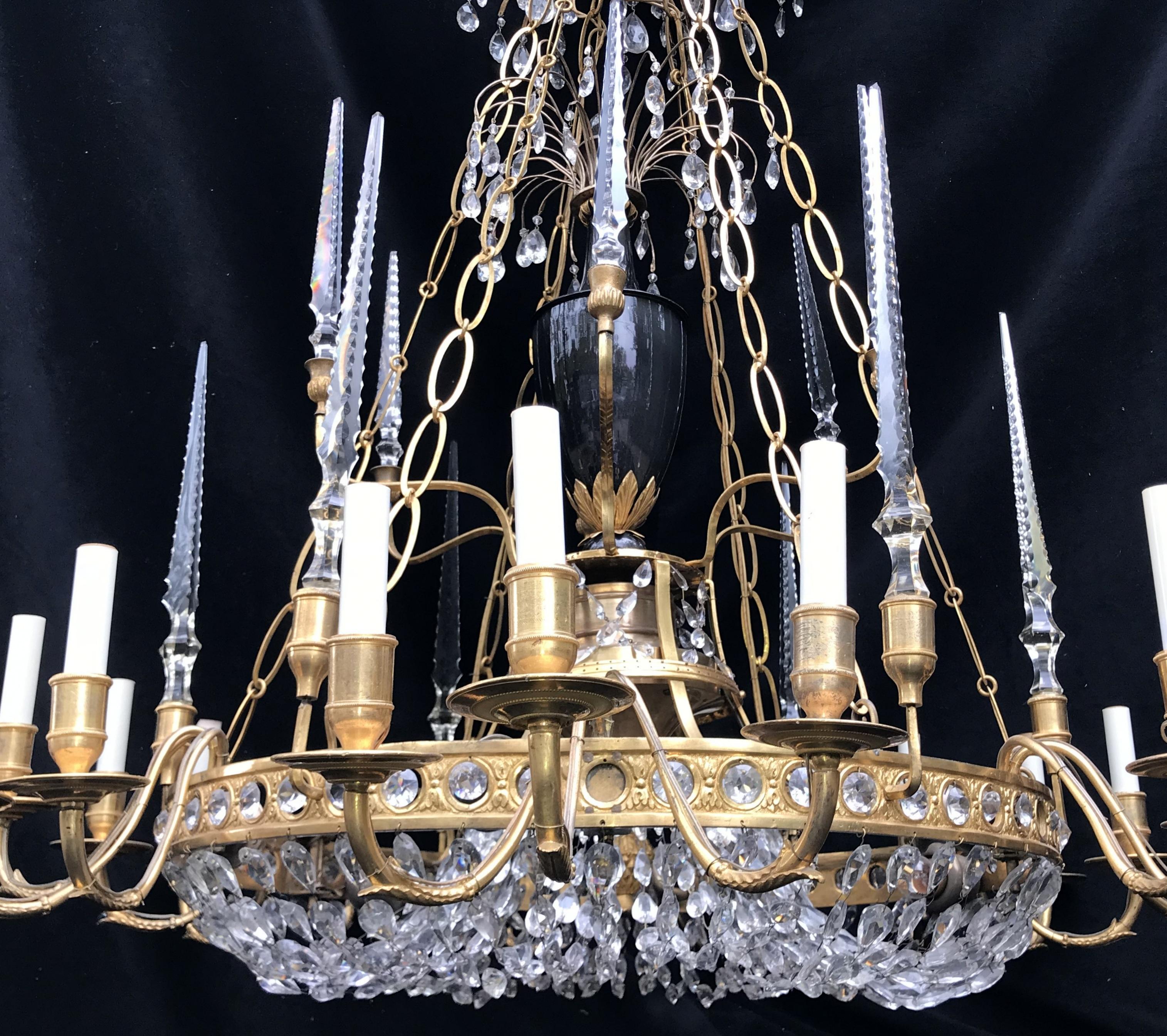 Palatial Baltic Russian Neoclassical Bronze Crystal Porcelain Urn Chandelier For Sale 2
