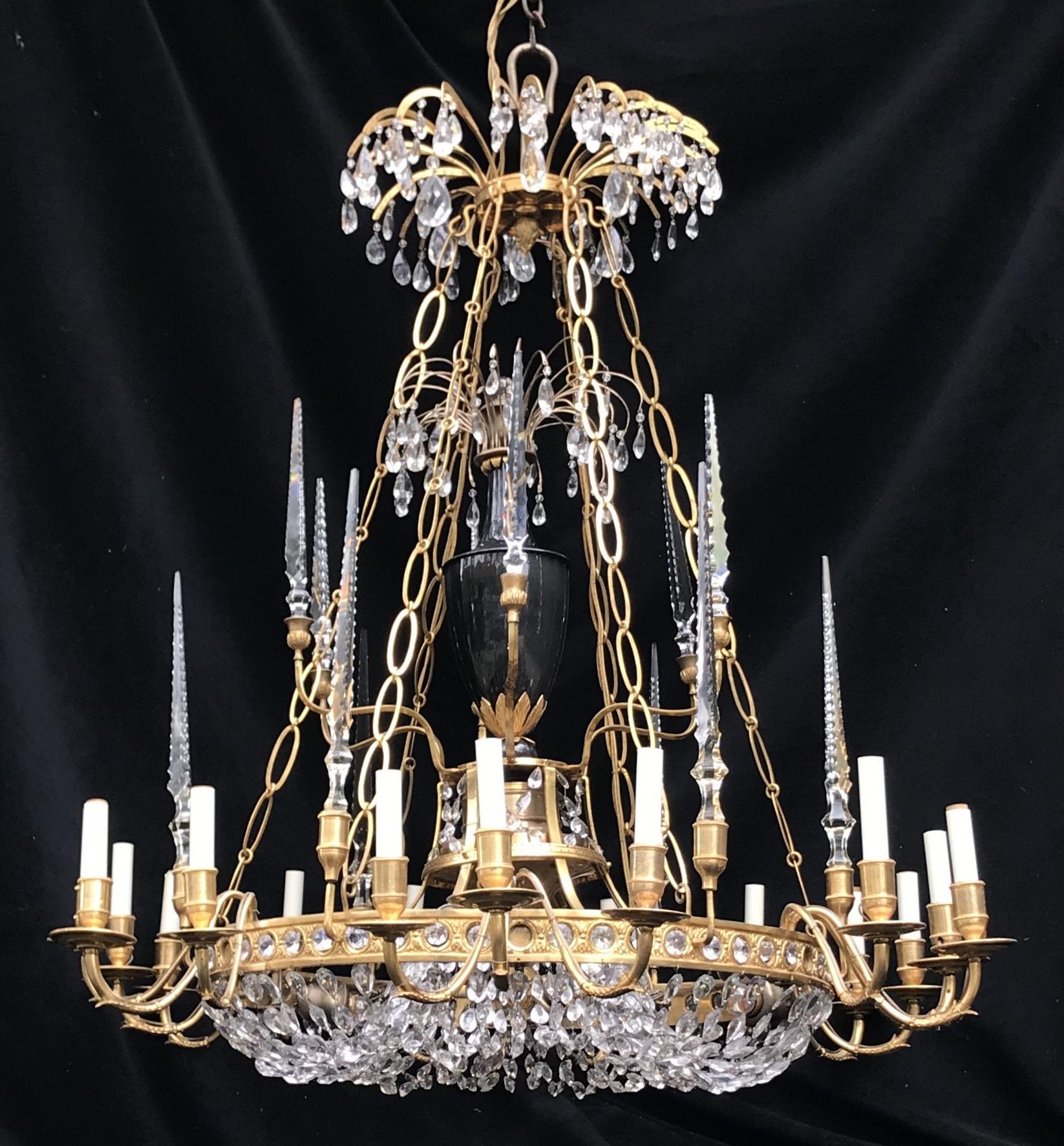 Palatial Baltic Russian Neoclassical Bronze Crystal Porcelain Urn Chandelier For Sale 4