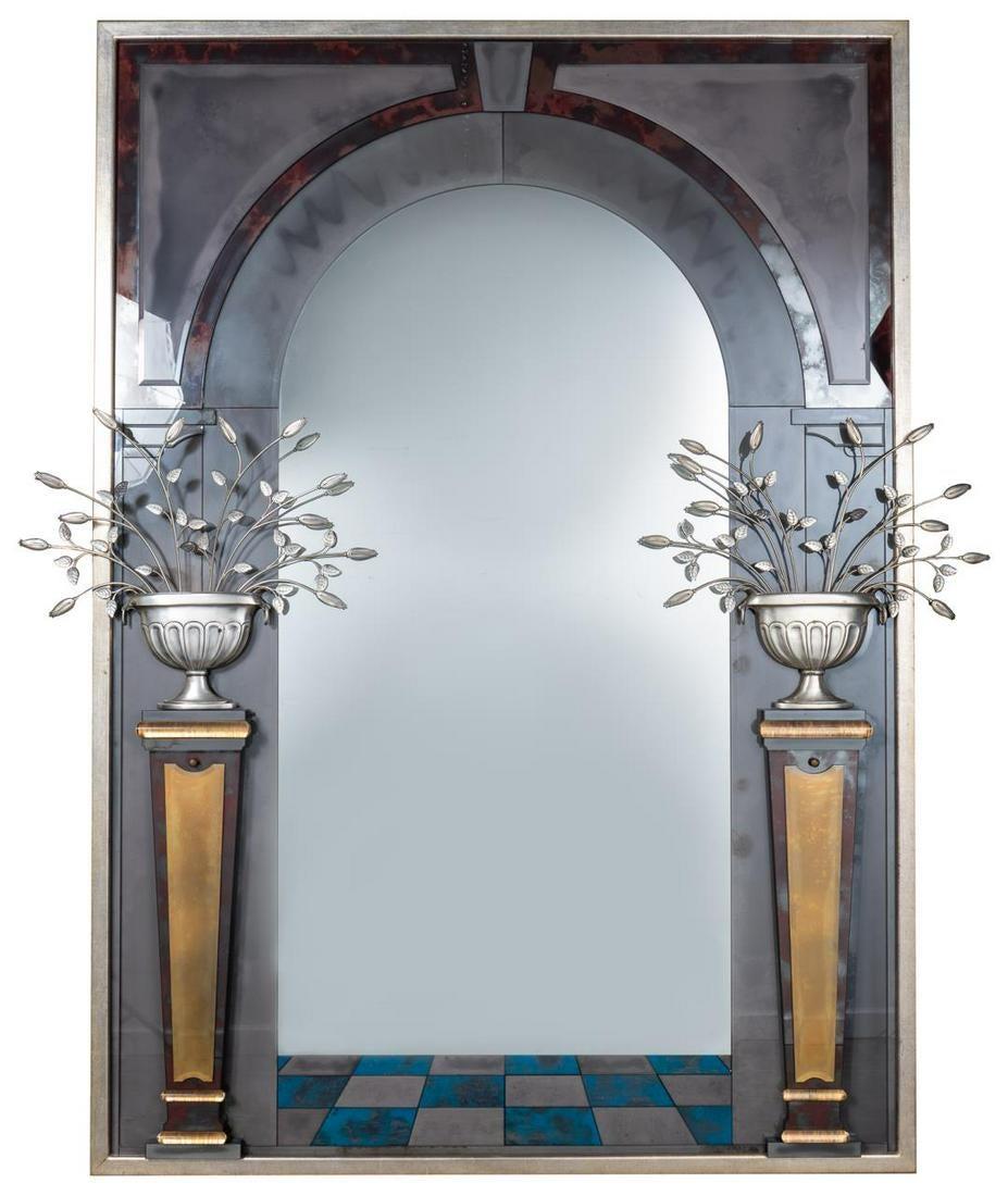 Palatial contemporary architectural mirror. continental, 20th century. A large scale contemporary mirror having decorative architectural elements including frosted arches and two dimensional pedestals with lighted planters having bejeweled