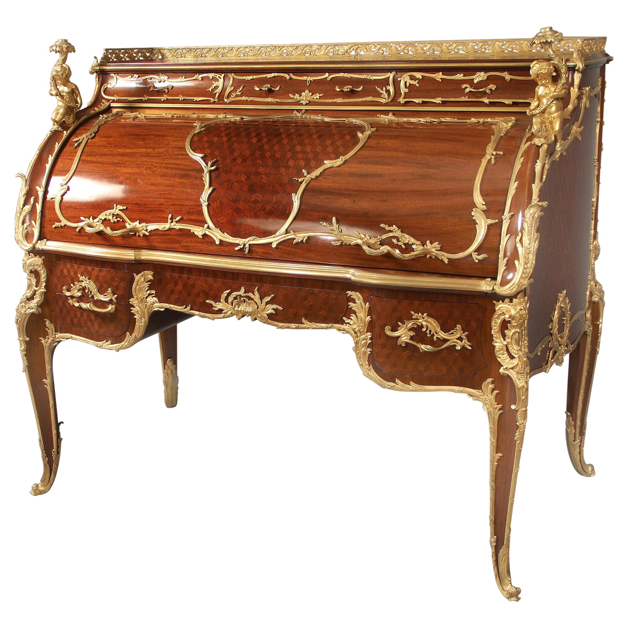 Palatial Early 20th Century Gilt Bronze Mounted Parquetry Bureau-François Linke For Sale