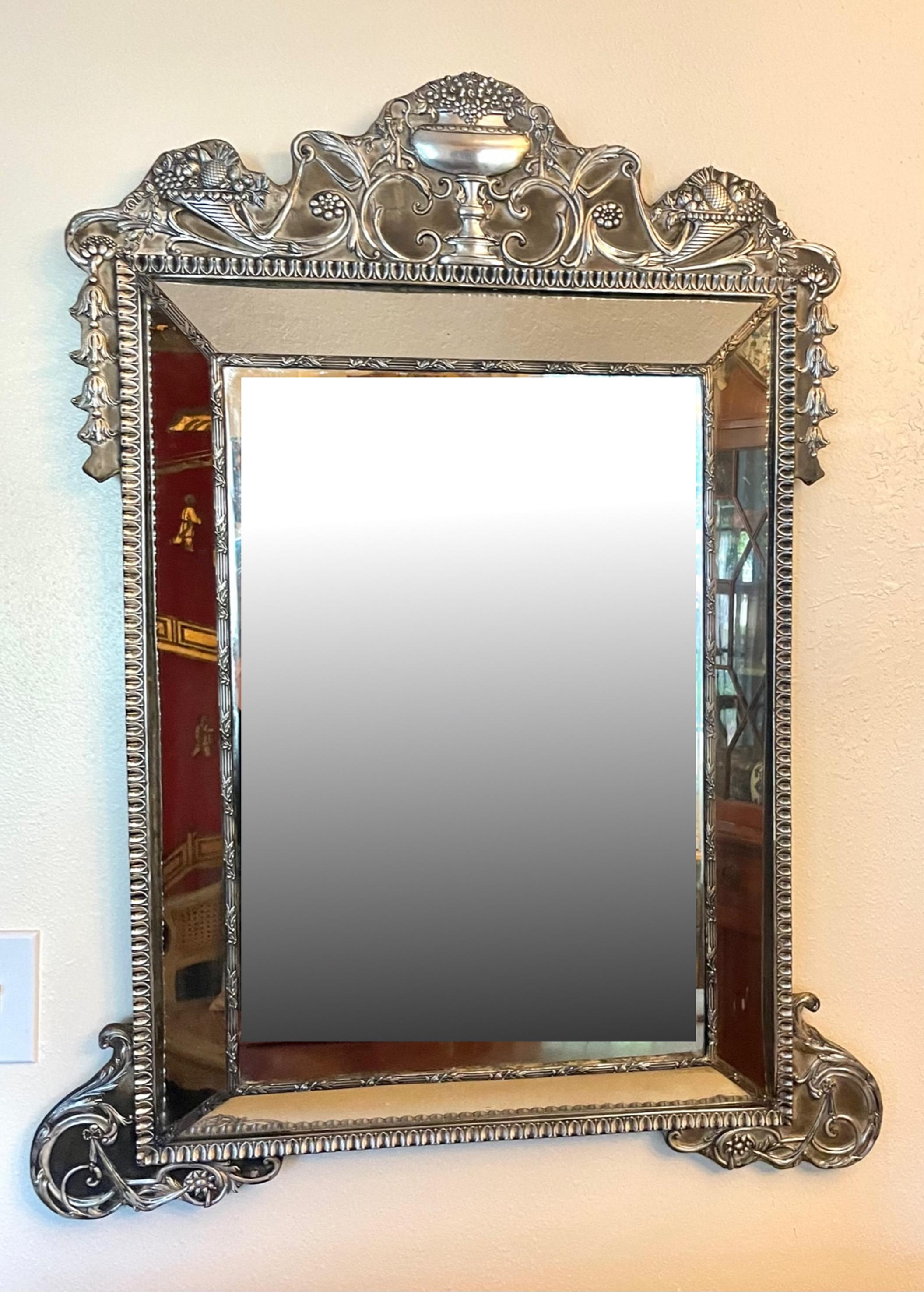 Victorian Palatial English Sterling Silver Cushion Frame Vanity Dressing Mirror