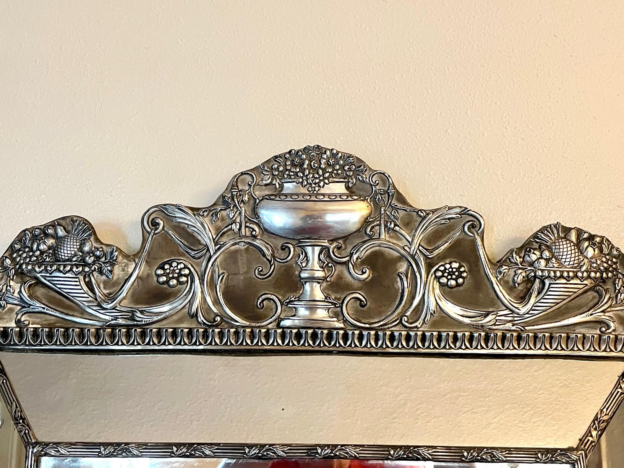 Embossed Palatial English Sterling Silver Cushion Frame Vanity Dressing Mirror