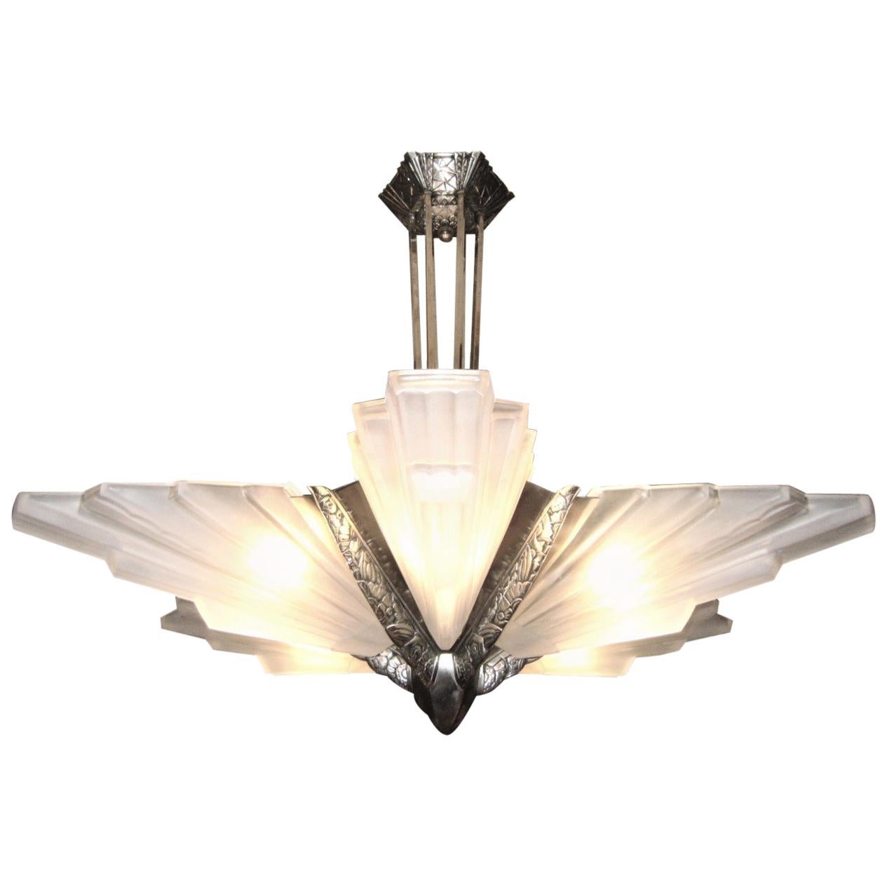 Palatial French Art Deco Frosted Art Glass Sunburst Chandelier by Sabino