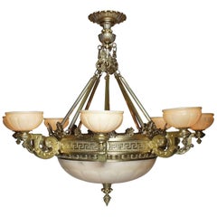 Lustre à 8 lumières de style néo-romain palatial gréco-romain en bronze doré et albâtre