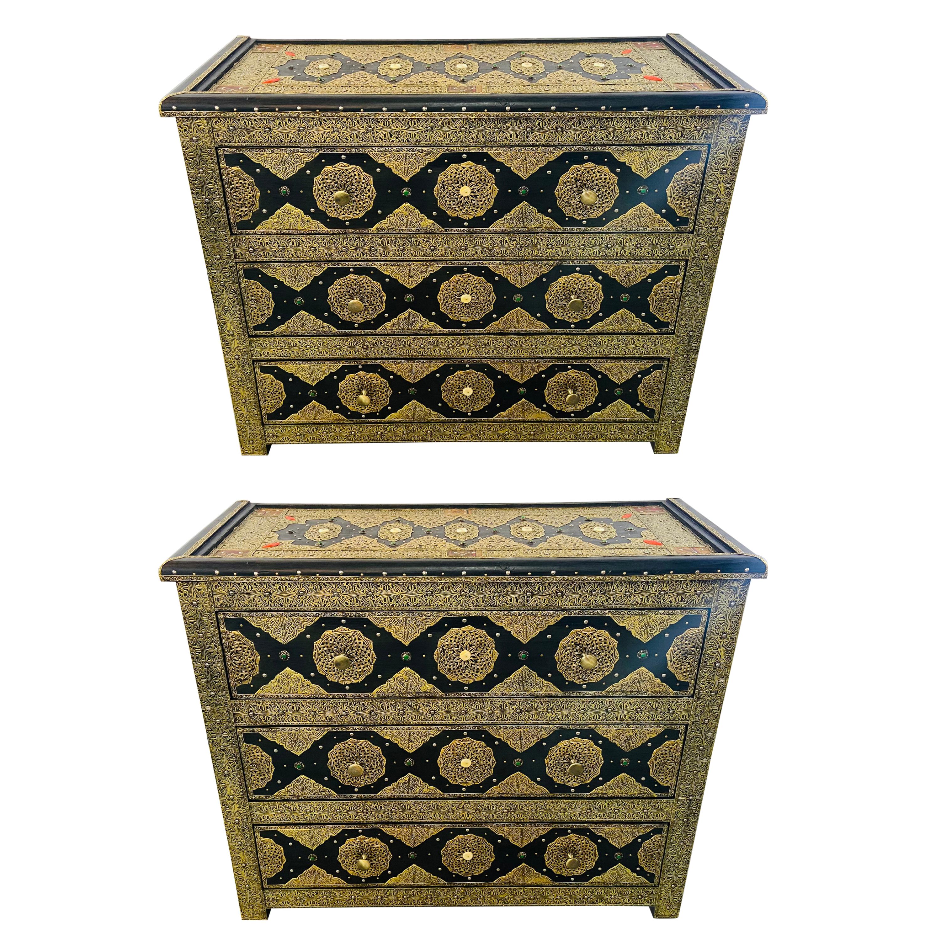 Palatial Hollywood Regency Commode, Chest, Nightstand in Brass and Ebony, a Pair For Sale
