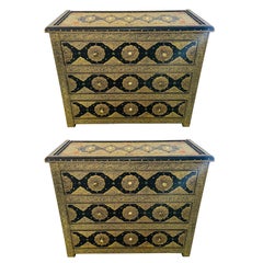Palatial Hollywood Regency Commode, Chest, Nightstand in Brass and Ebony, a Pair