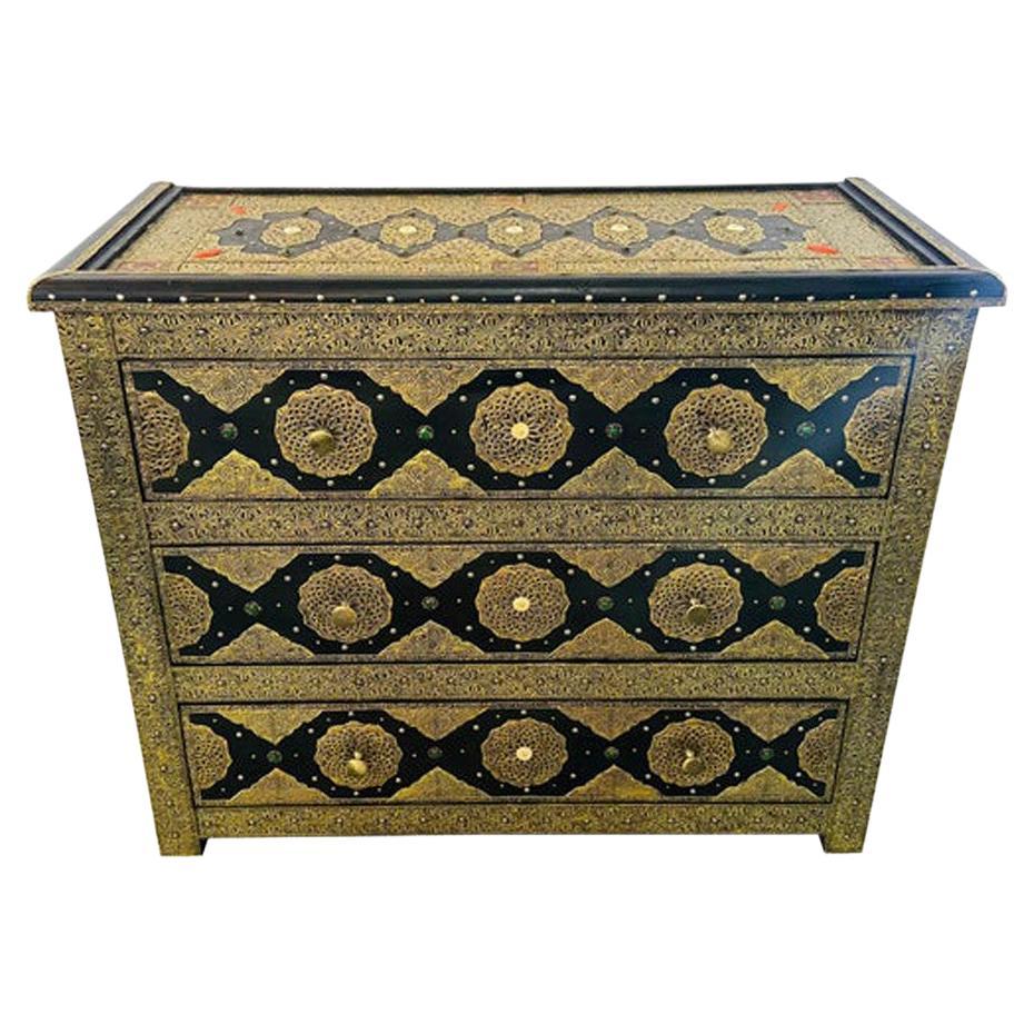 Palatial Hollywood Regency Commode, Chest, Nightstand in Brass and Ebony For Sale