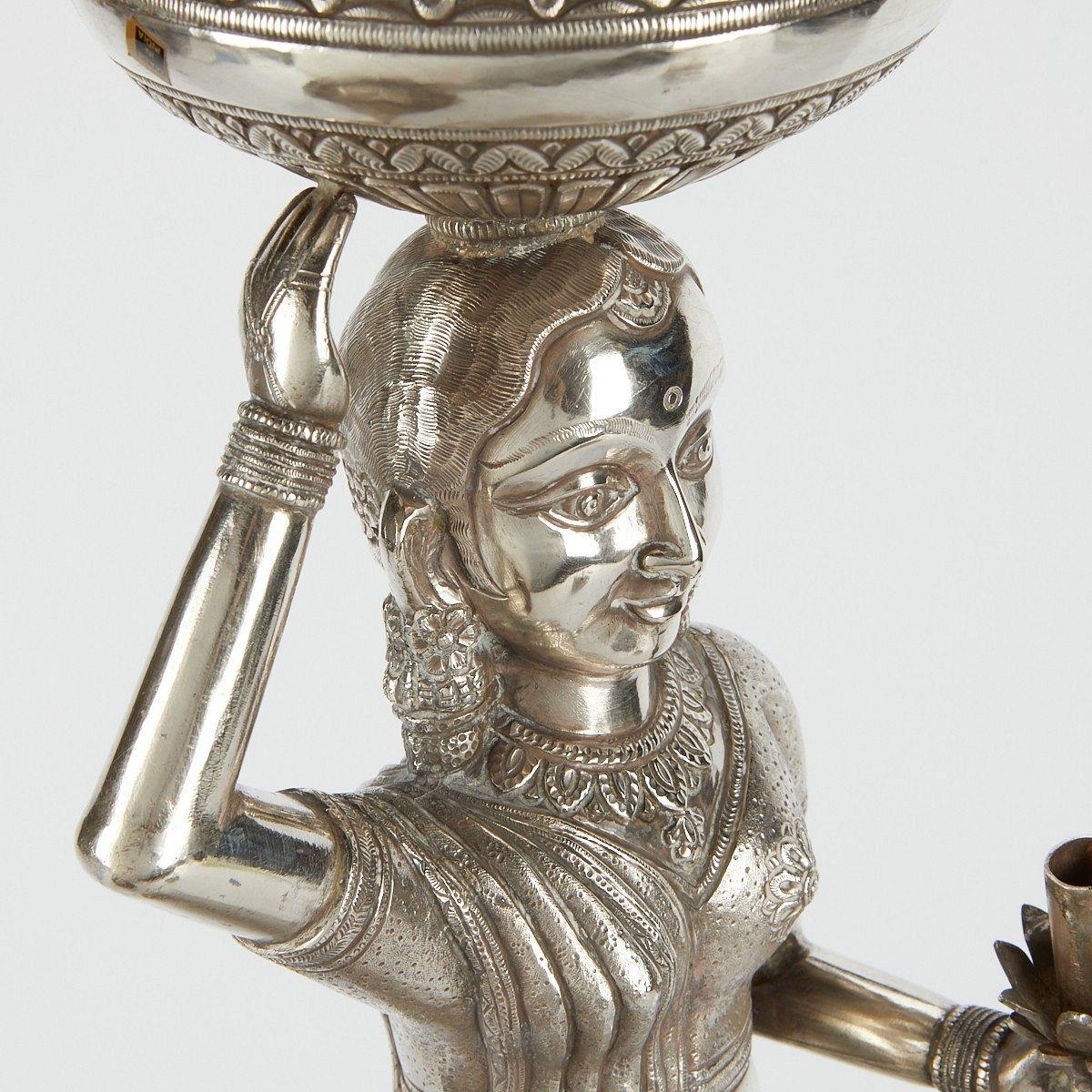 Our palatial sized figurative Indian hookah depicting a lovely woman holding a snake is finely crafted from silver of .900 purity and exhibits exceptional chasing and repoussage.  Marked 