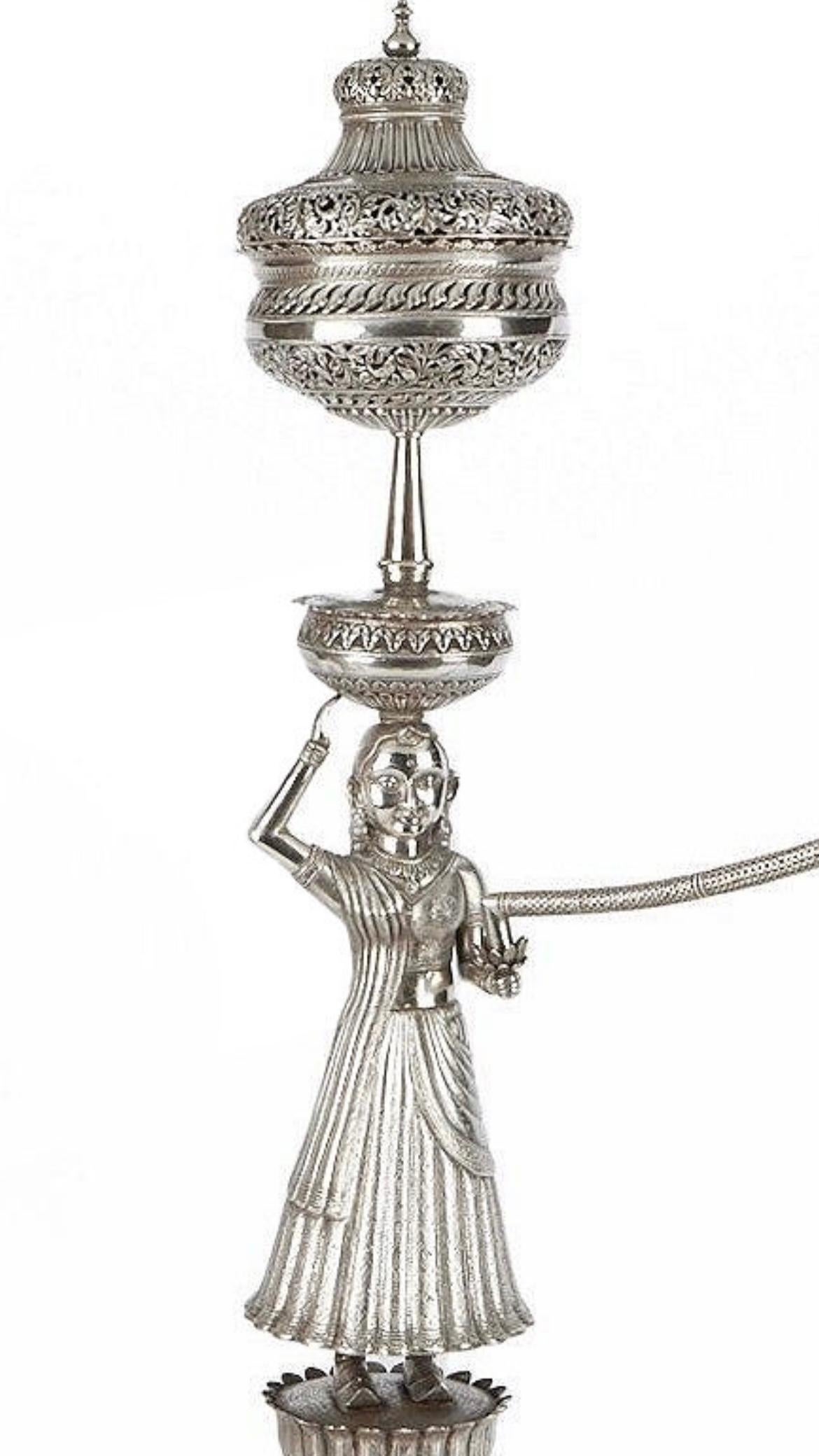 Repoussé Palatial Indian Figurative Silver Hookah -- 46 in, 116 cm For Sale