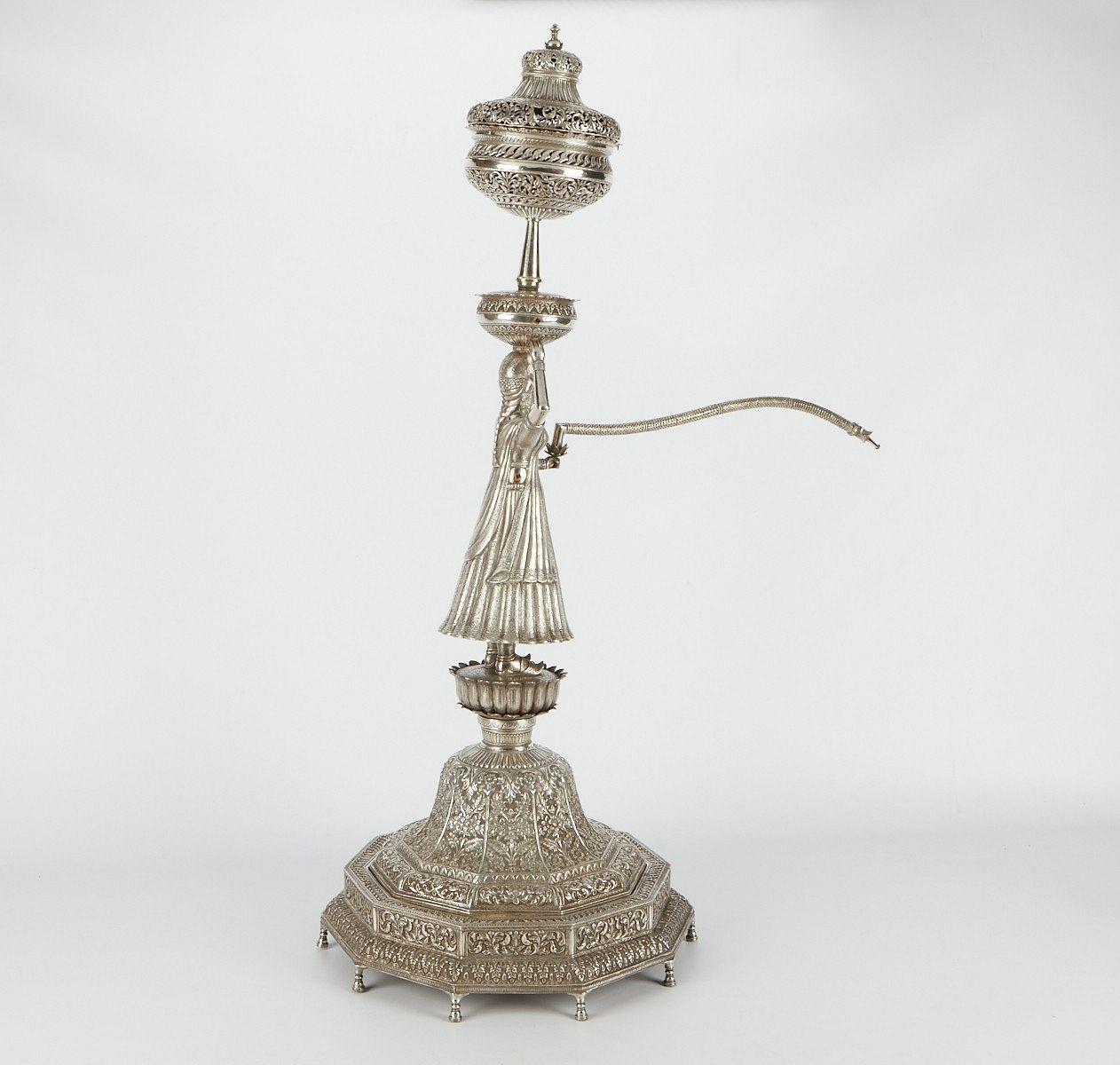 20th Century Palatial Indian Figurative Silver Hookah -- 46 in, 116 cm For Sale