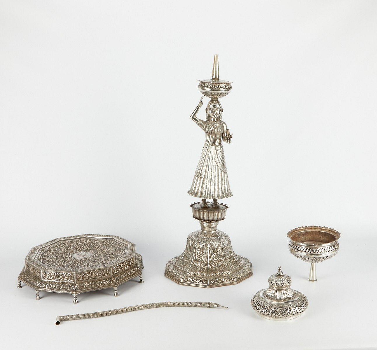 Palatial Indian Figurative Silver Hookah -- 46 in, 116 cm For Sale 3
